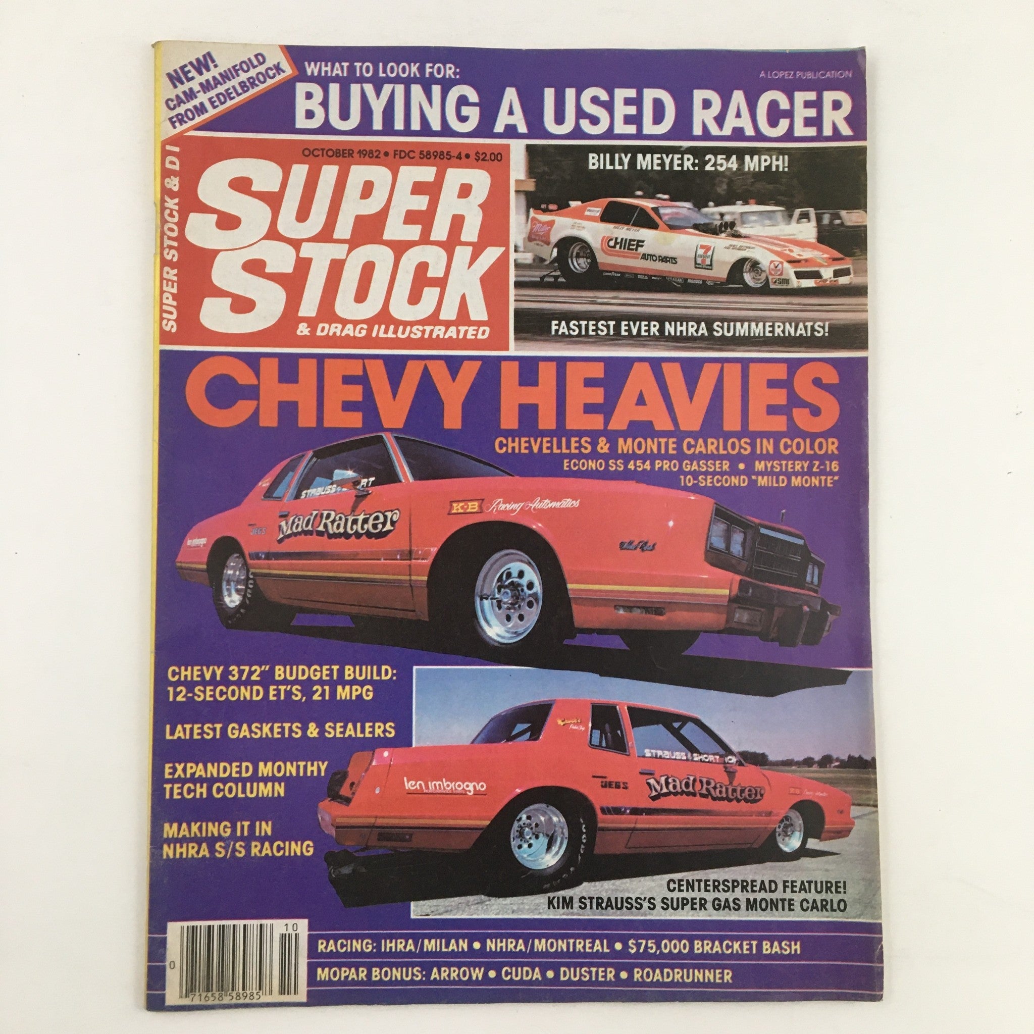 Cover of Super Stock Magazine October 1982 featuring Kim Strauss's homebuilt Monte Carlo, highlighting automotive culture and collectibility.