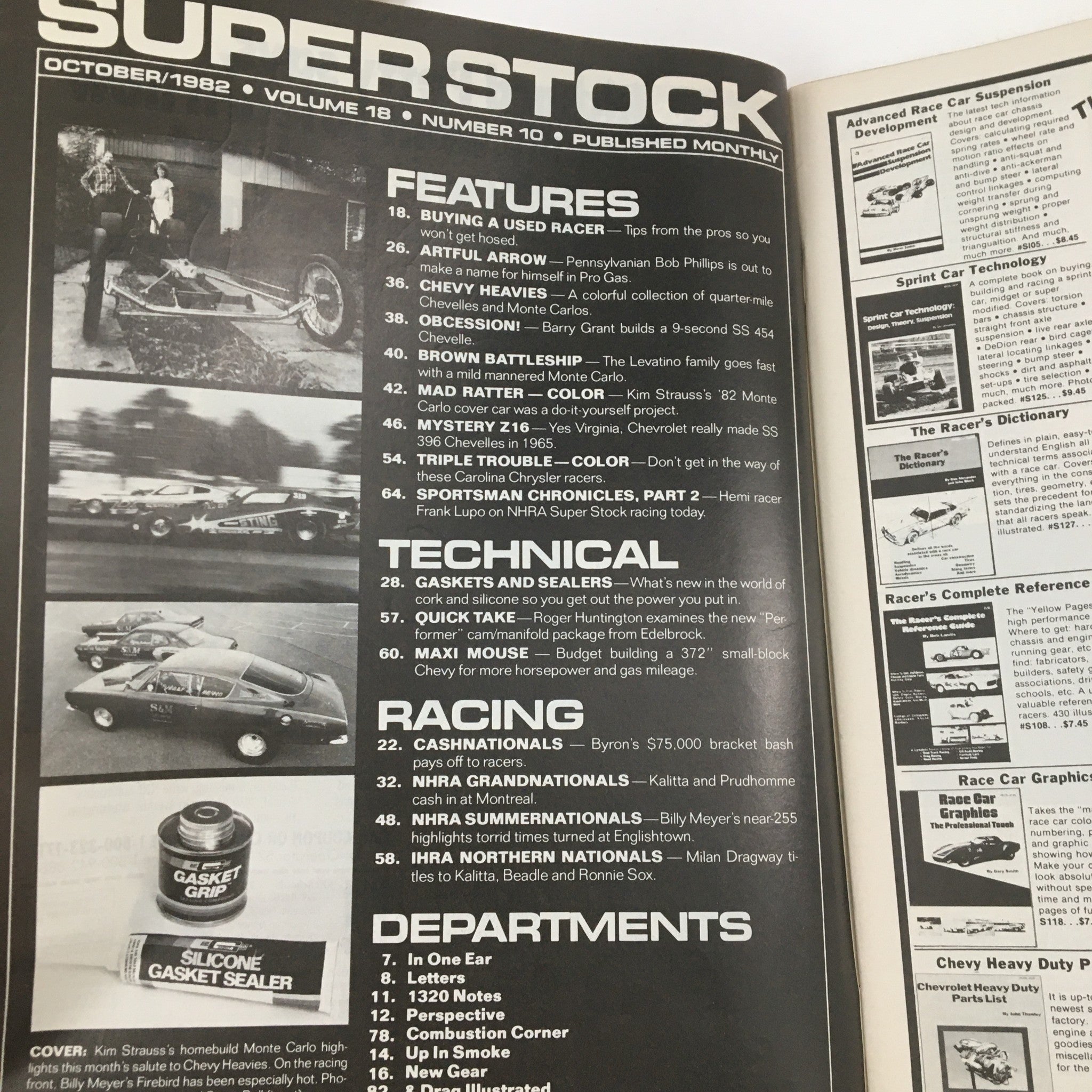 Interior page of Super Stock Magazine October 1982 with feature titles including Kim Strauss's Monte Carlo, showcasing the technical and racing sections.
