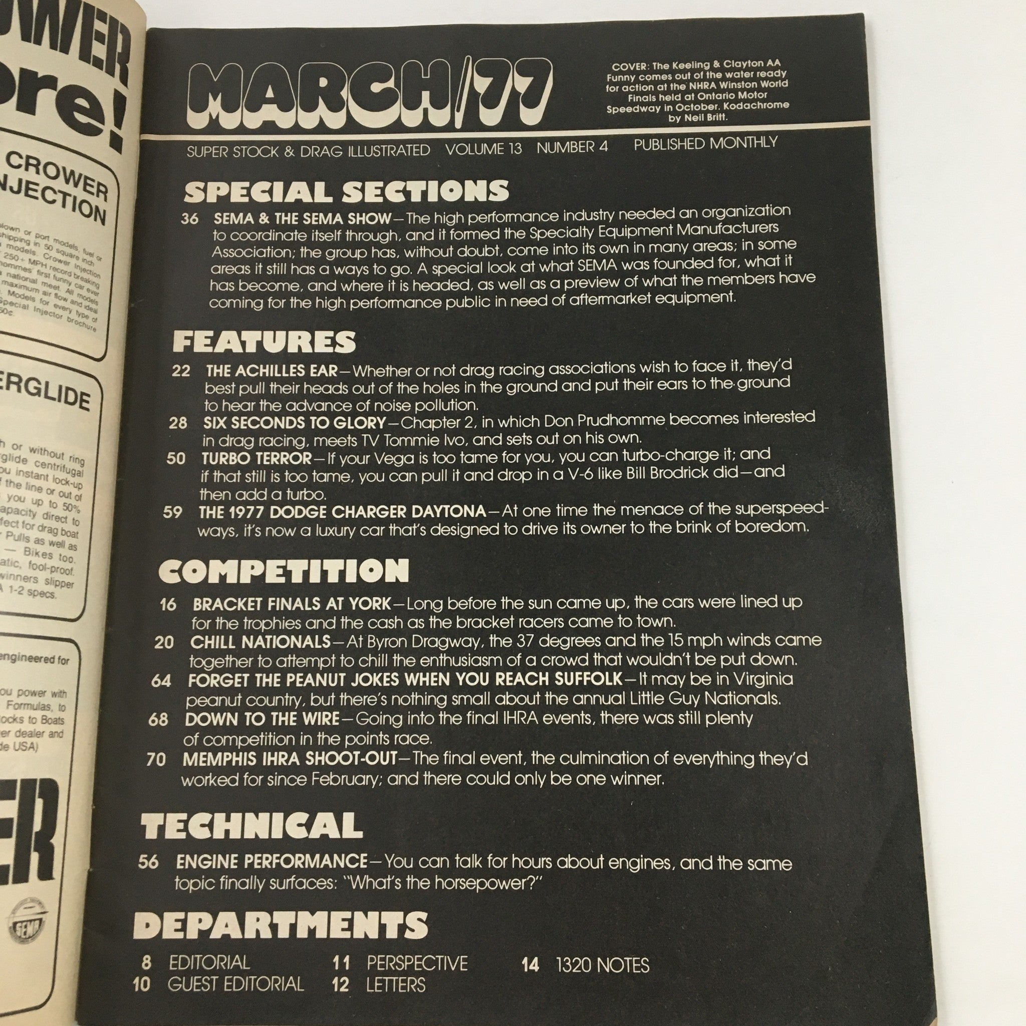 Super Stock Magazine March 1977 cover page featuring the Keeling & Clayton at the NHRA World event with special sections highlighted, details about drag racing features, and competition notes.