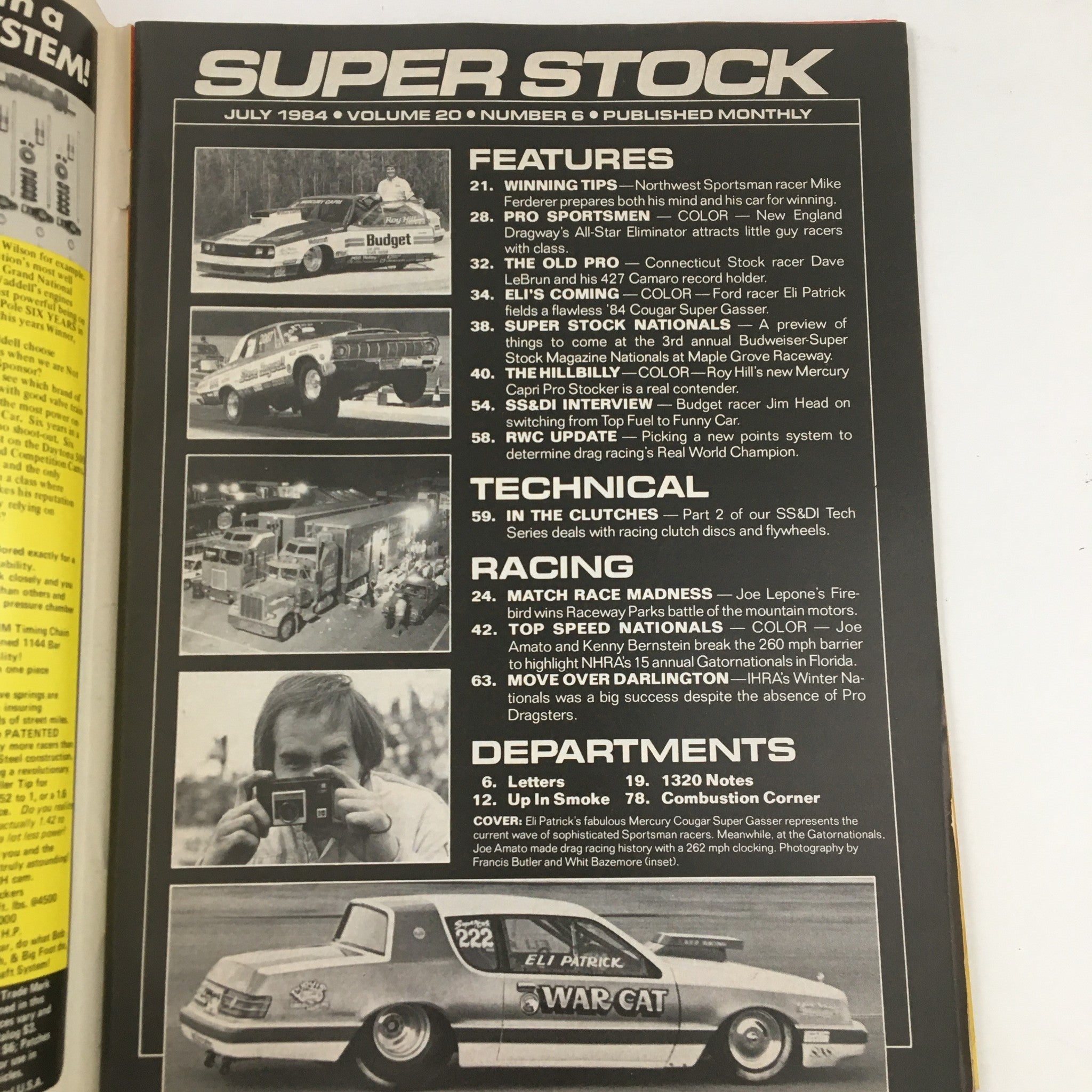 Inside page of Super Stock Magazine July 1984 displaying features such as Eli Patrick's performance profile and technical articles, reflecting the rich history of auto racing and motorsports.
