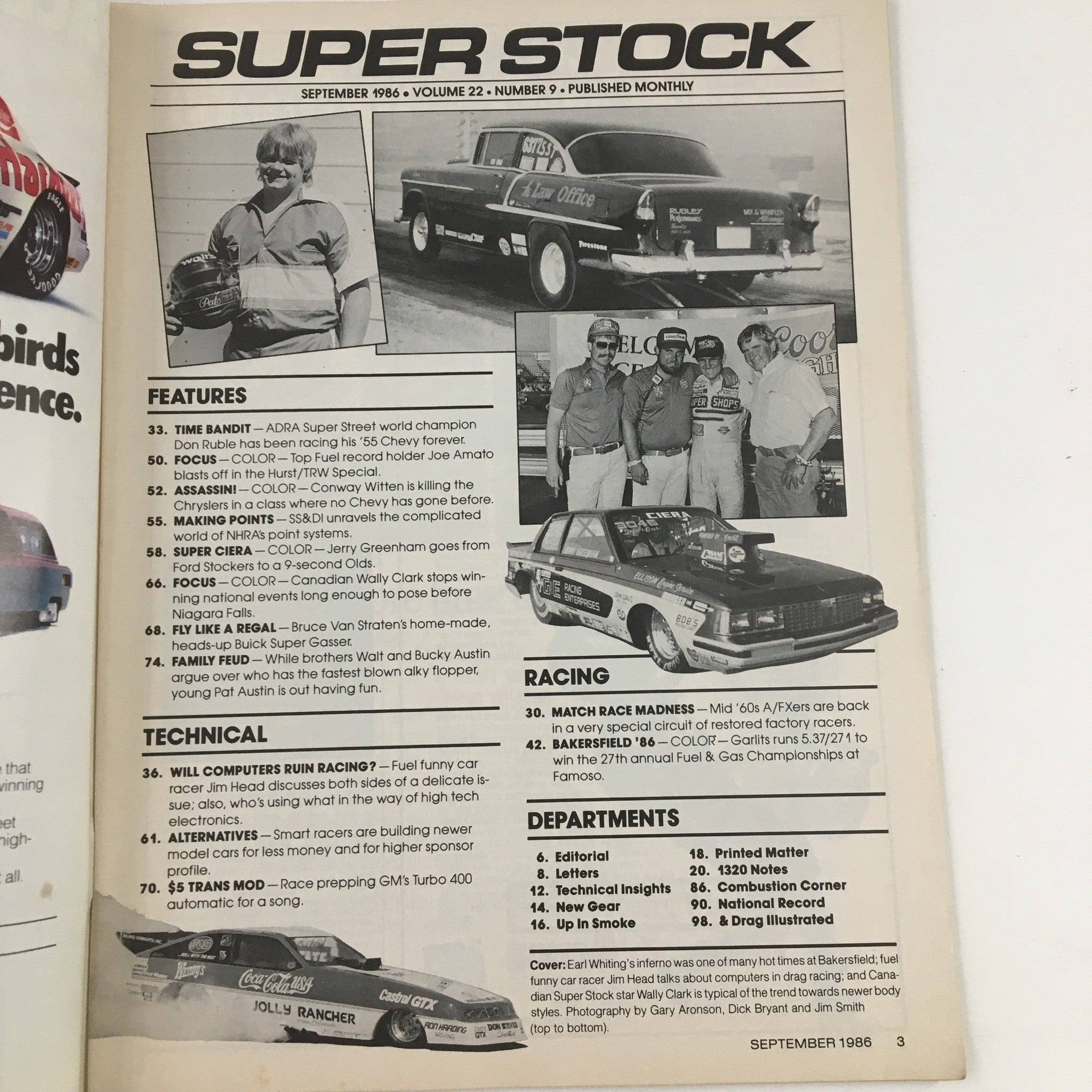Interior page of Super Stock Magazine September 1986 displaying features and articles related to drag racing, including coverage of notable racers and events from the 1980s.