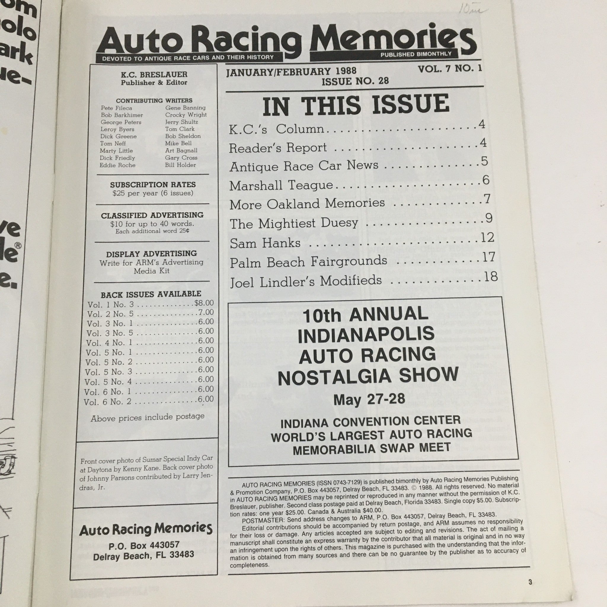 Interior page of 'Auto Racing Memories' January 1988 listing articles, including features on Sam Hanks and Oakland memories, showcasing the magazine's content and contributors.