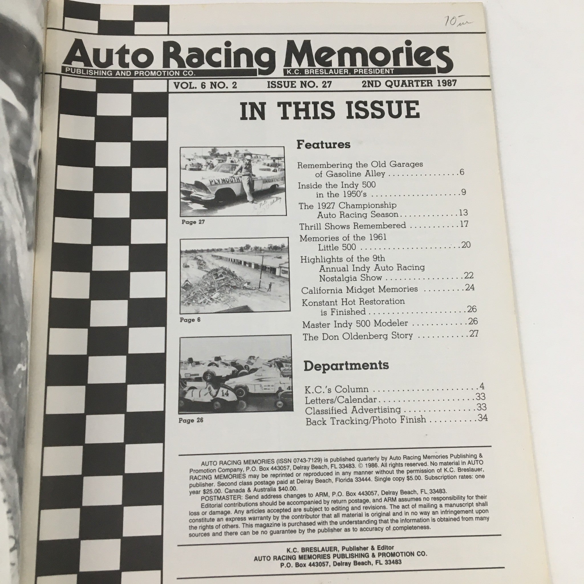 Auto Racing Memories 1987 Remembering the Old Garages of Gasoline Alley No Label