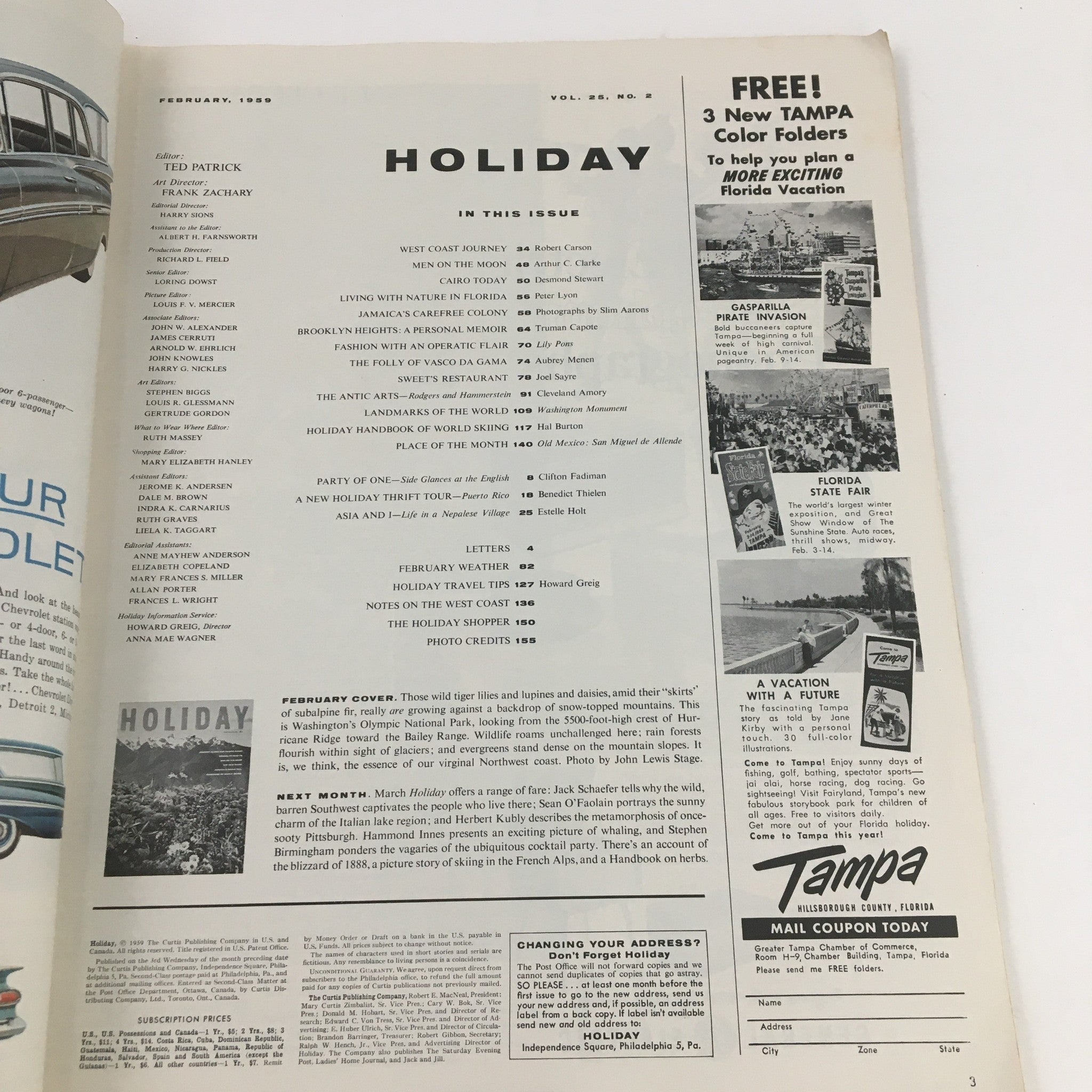 Table of contents page from Holiday Magazine February 1959 detailing featured articles and sections of the issue.