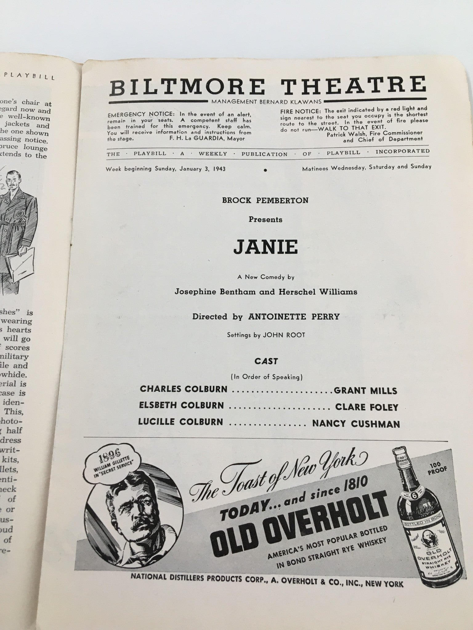 1943 Playbill Biltmore Theatre Janie by Josephine Bentham & Herschel Williams