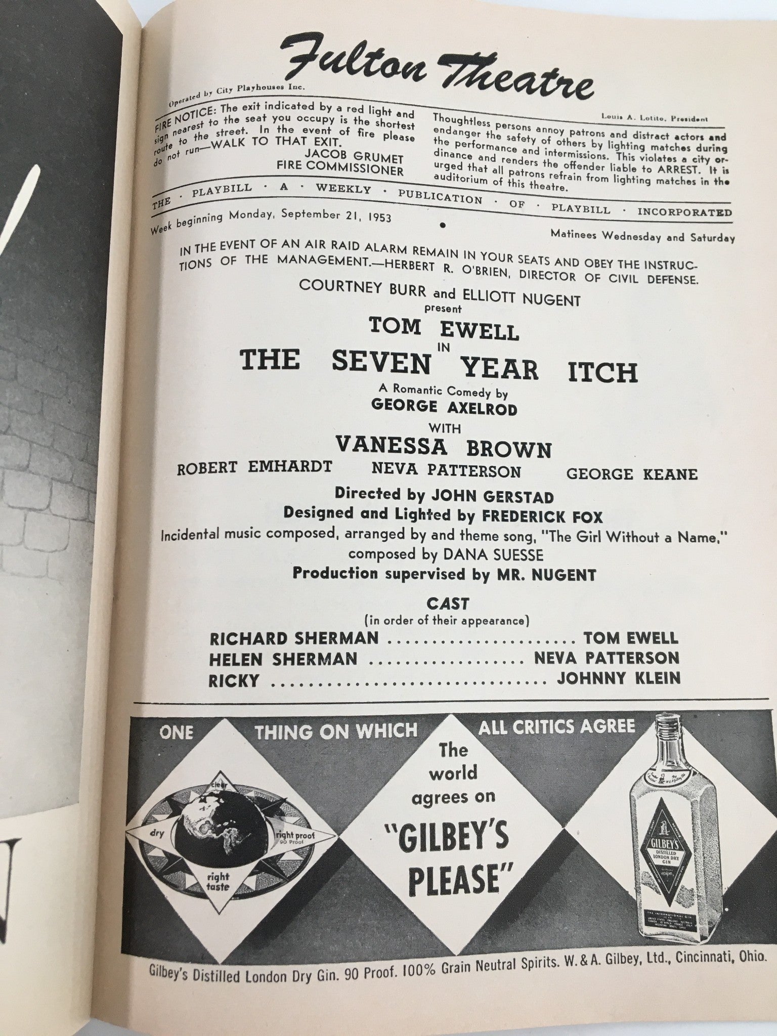 1953 Playbill Fulton Theatre Tom Ewell, Vanessa Brown in The Seven Year Itch