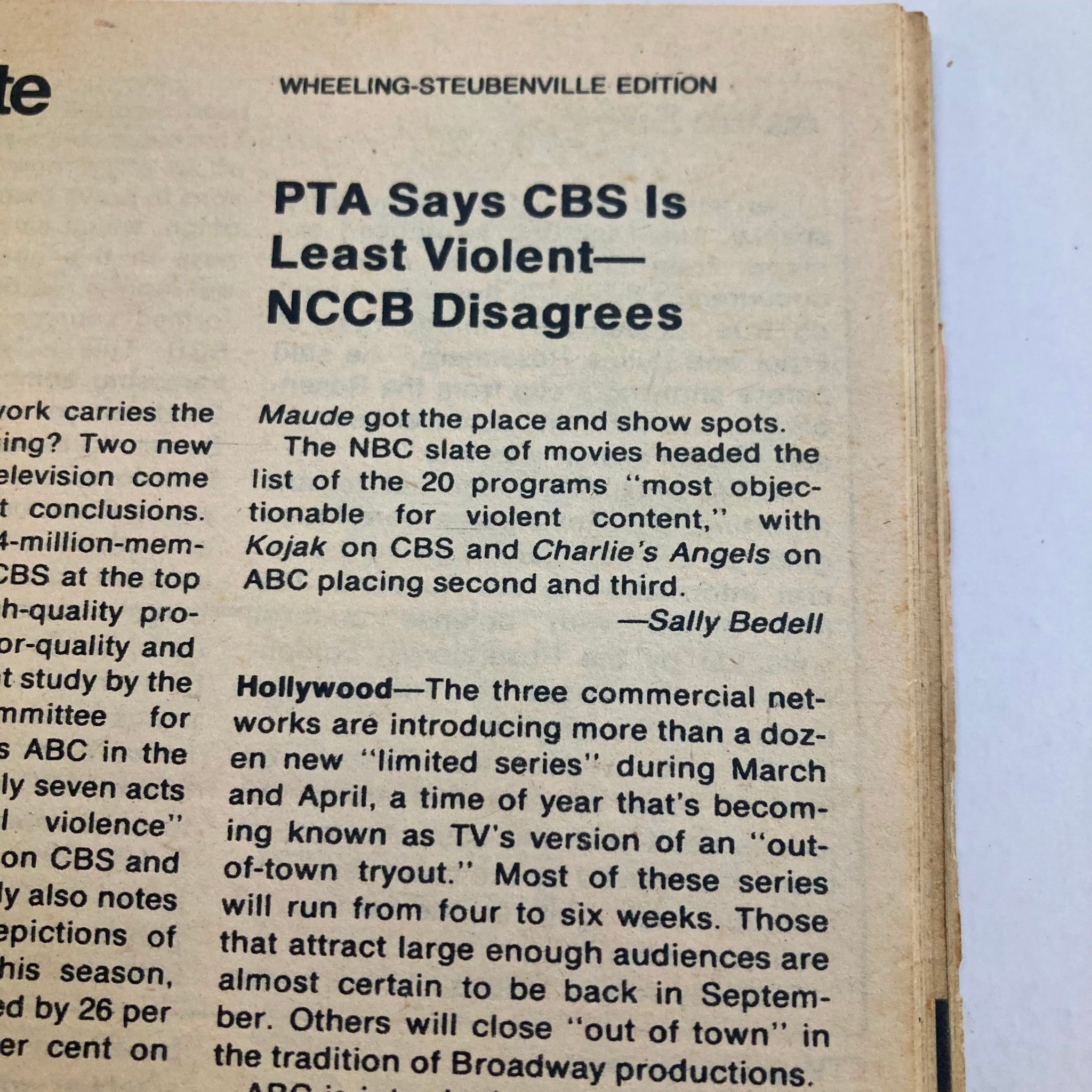 TV Guide Magazine February 25 1978 issue #1300 page discussing television programming and violence ratings, specifically mentioning shows like Maude and Charlie's Angels. Part of the Wheeling-Steubenville edition.