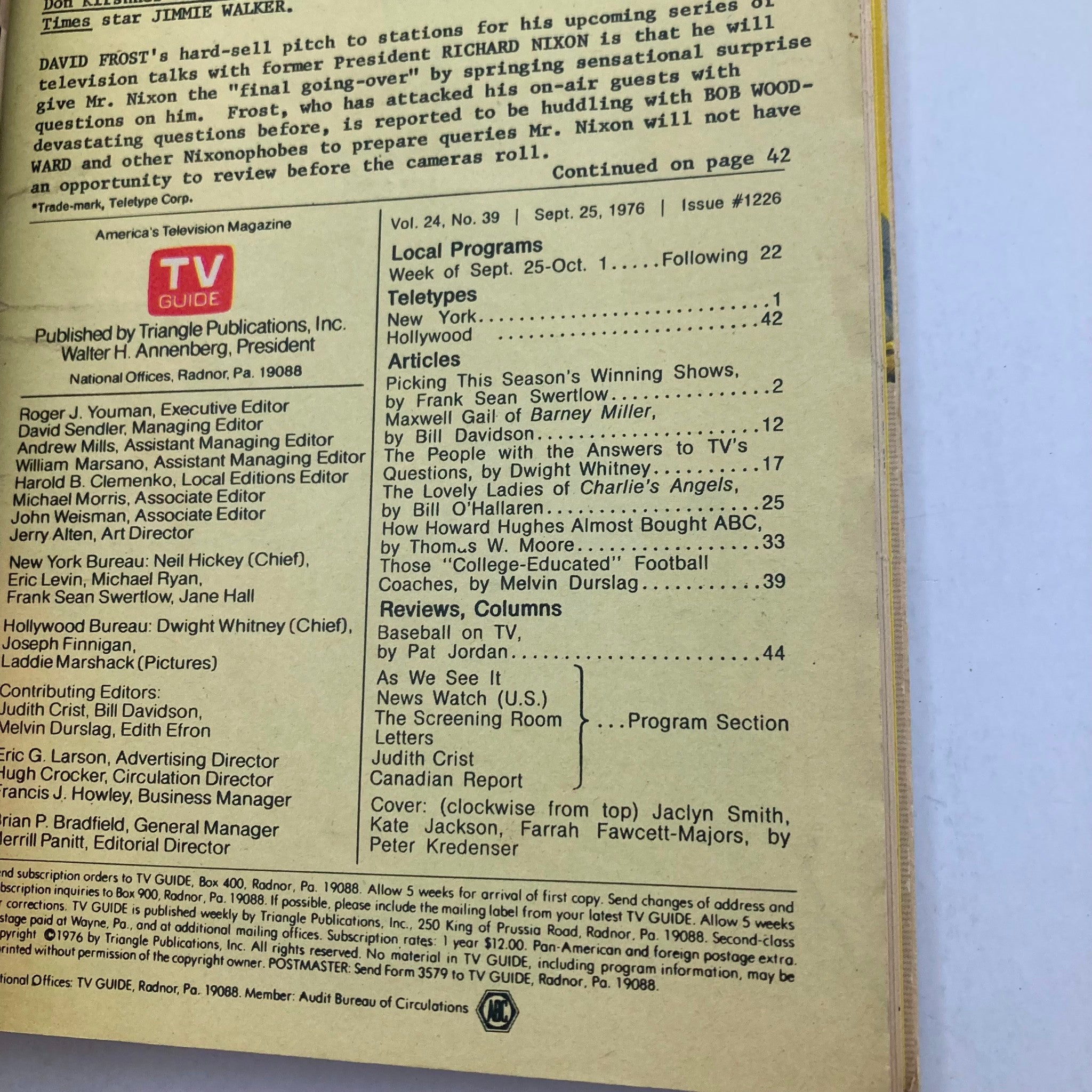 Back cover of TV Guide Magazine September 25 1976 Cast of Charlie's Angels highlighting local programs and articles, including the upcoming television season.