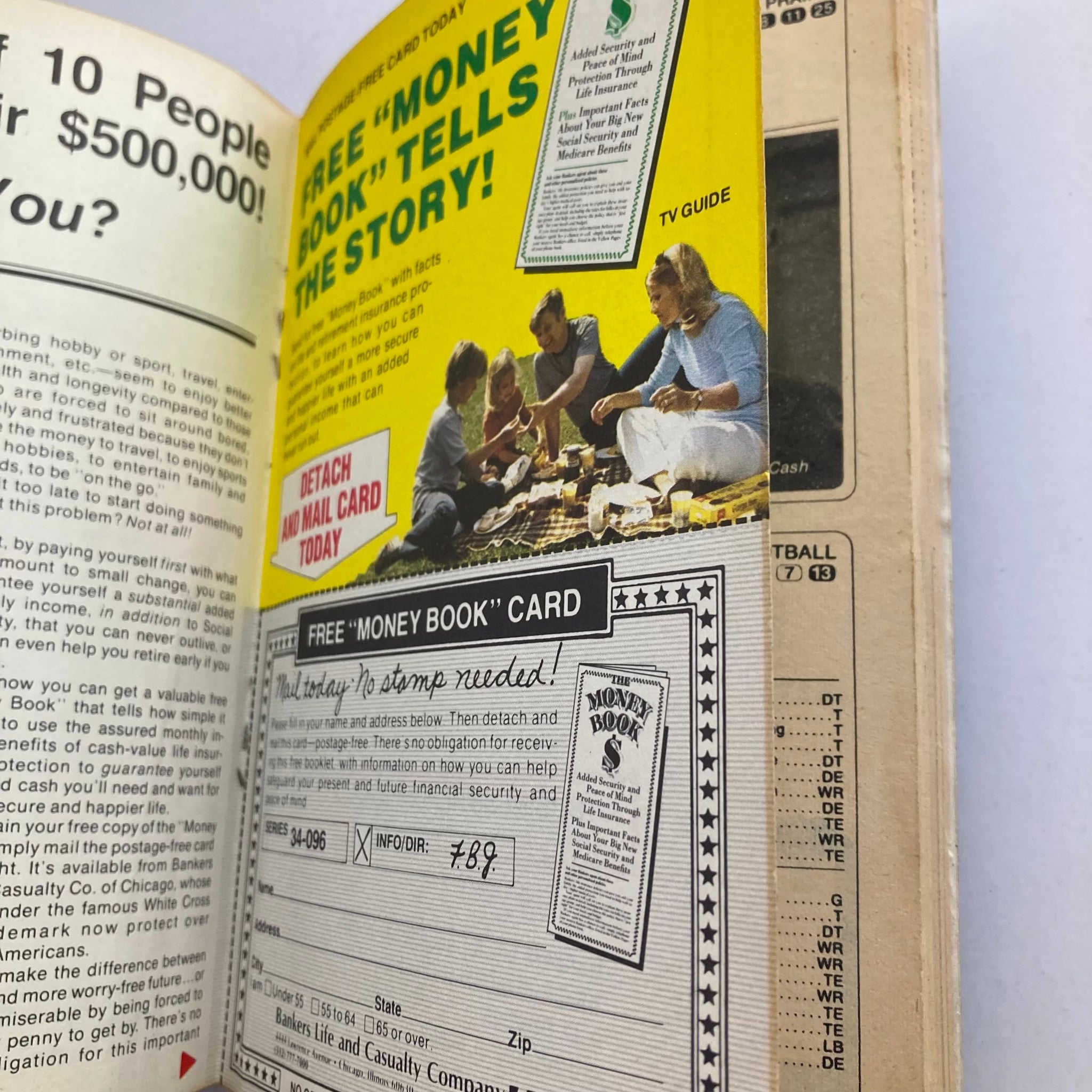 Interior page of TV Guide Magazine September 25 1976 Cast of Charlie's Angels displaying a vintage advertisement for a financial planning 'Money Book' card.