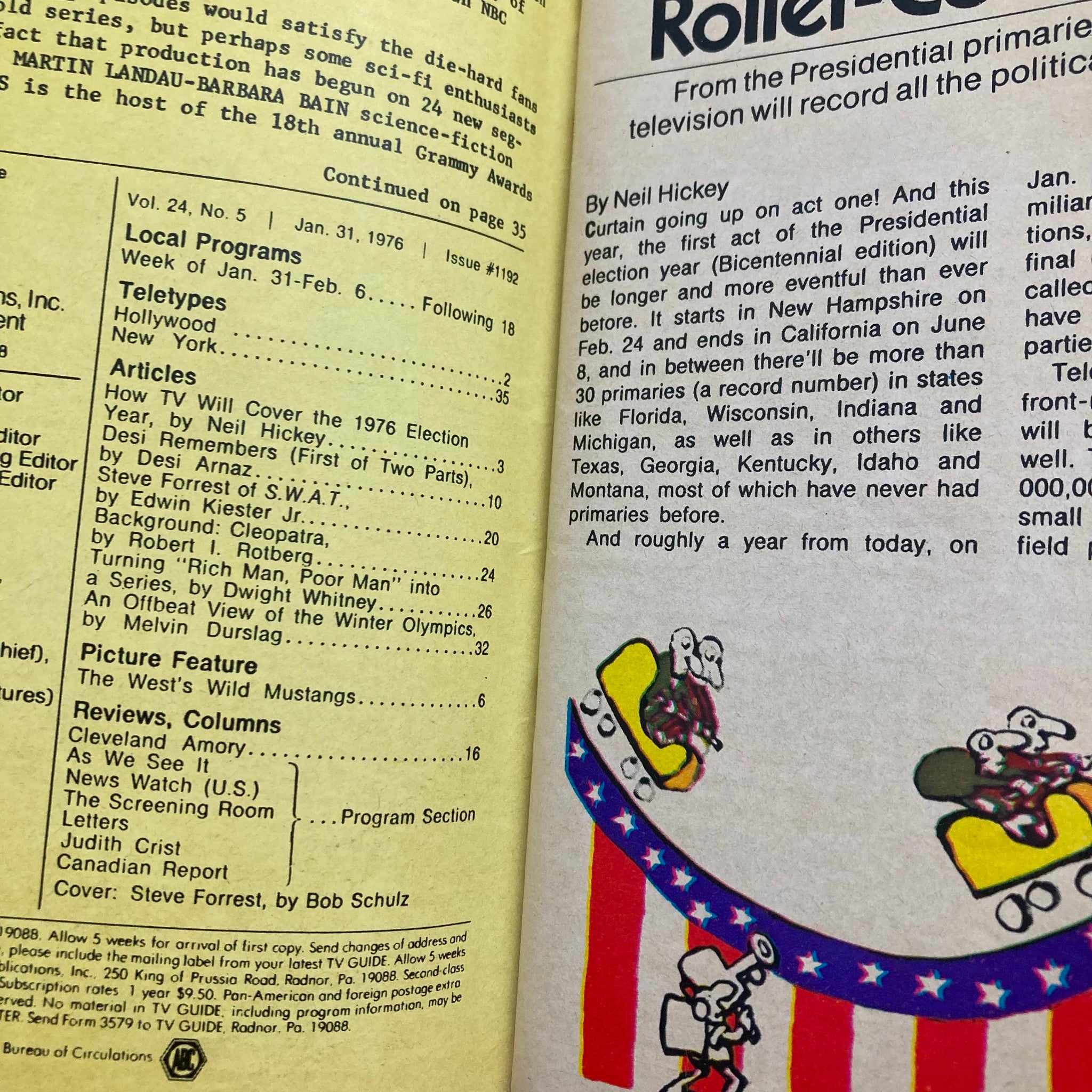 Interior page of TV Guide Magazine January 31 1976 featuring articles and details about the 1976 presidential elections, with a focus on featured actor Steve Forrest.