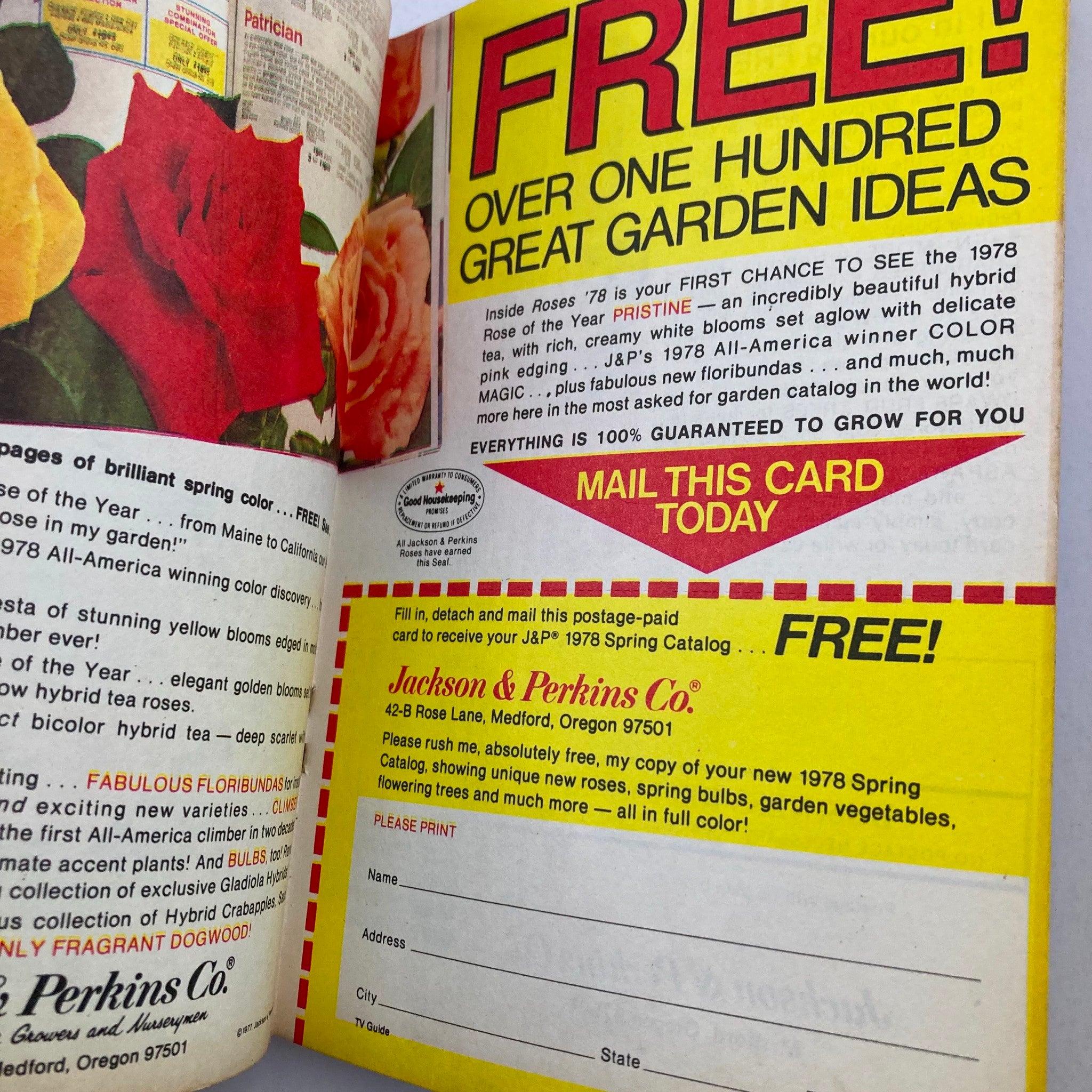 Inside TV Guide Magazine January 7 1978 #1293, showcasing a colorful advertisement for Jackson & Perkins gardening catalog with an emphasis on the 1978 Rose of the Year.