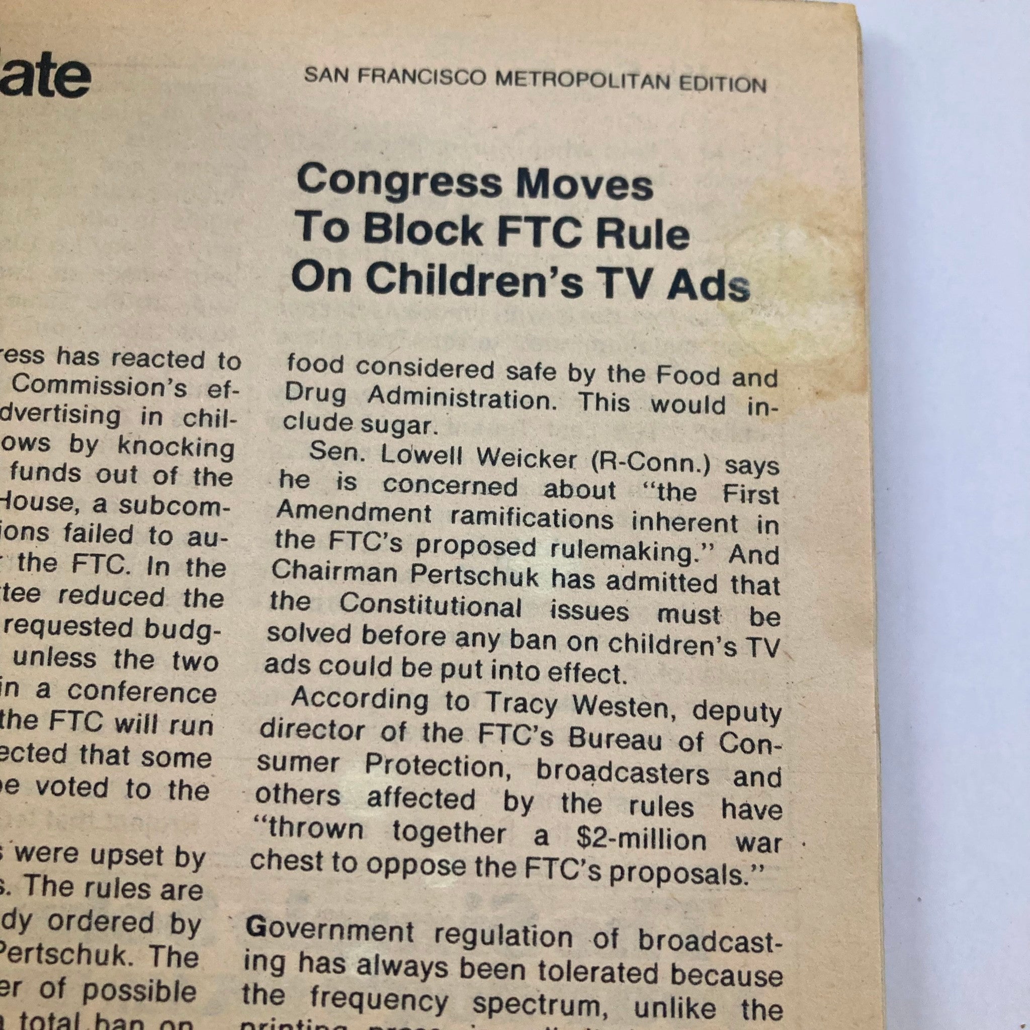 An article page from TV Guide Magazine July 15 1978 #1320 discussing Congress's actions on children's TV advertising rules.
