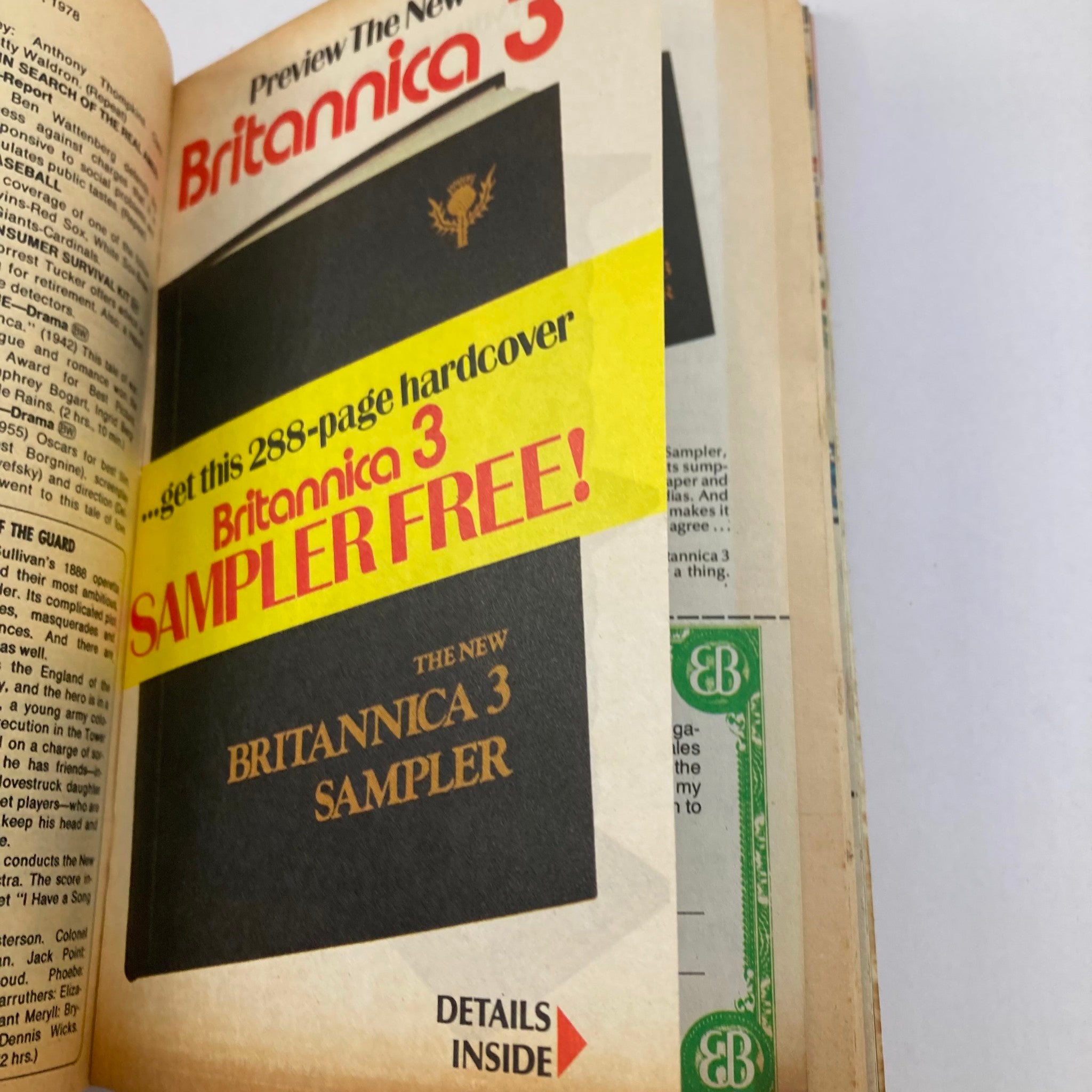 Inside page of TV Guide Magazine July 15 1978 #1320 promoting a free sampler of the new Britannica 3 hardcover book.