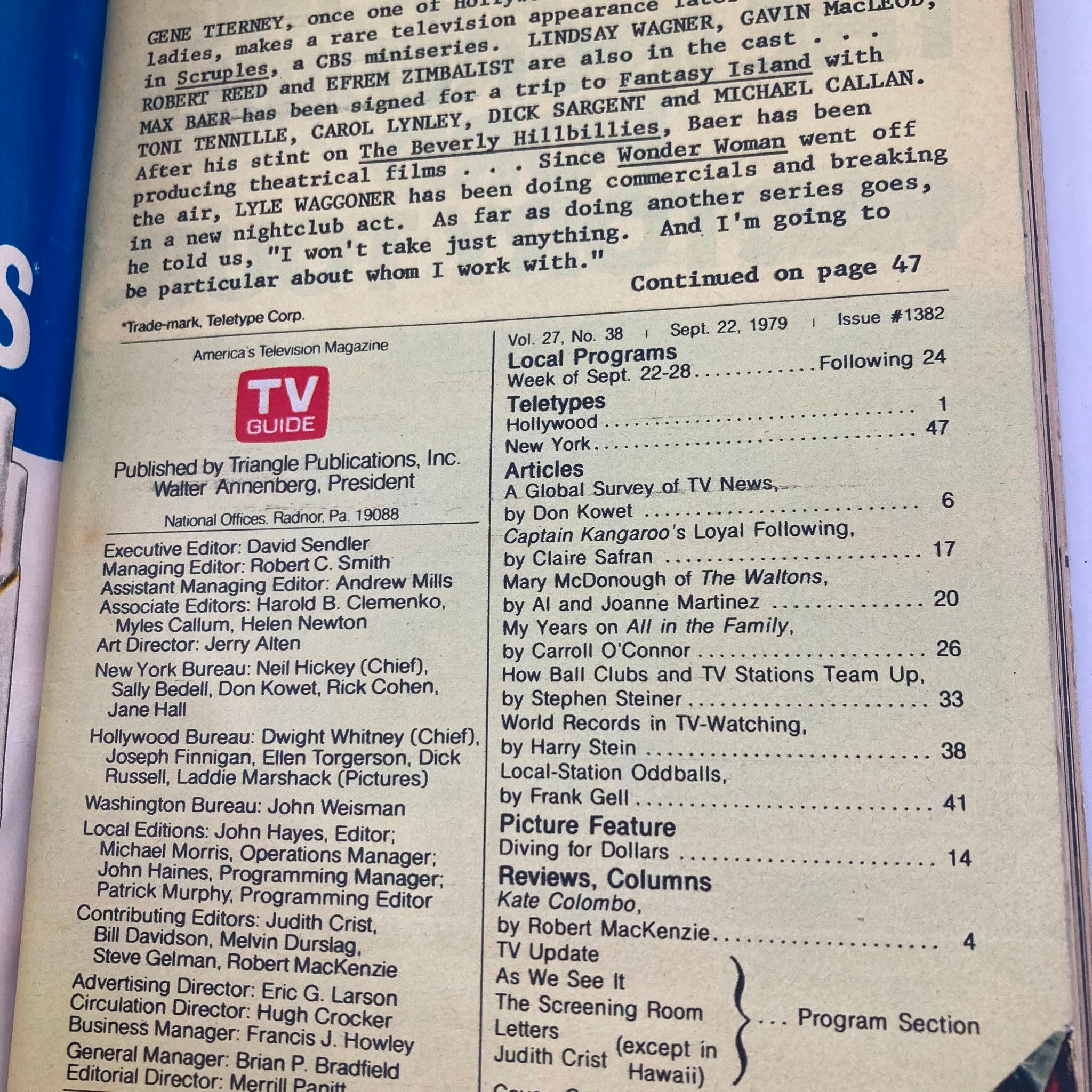 TV Guide Magazine September 22 1979 #1382 Carroll O'Connor LA Metro Ed.