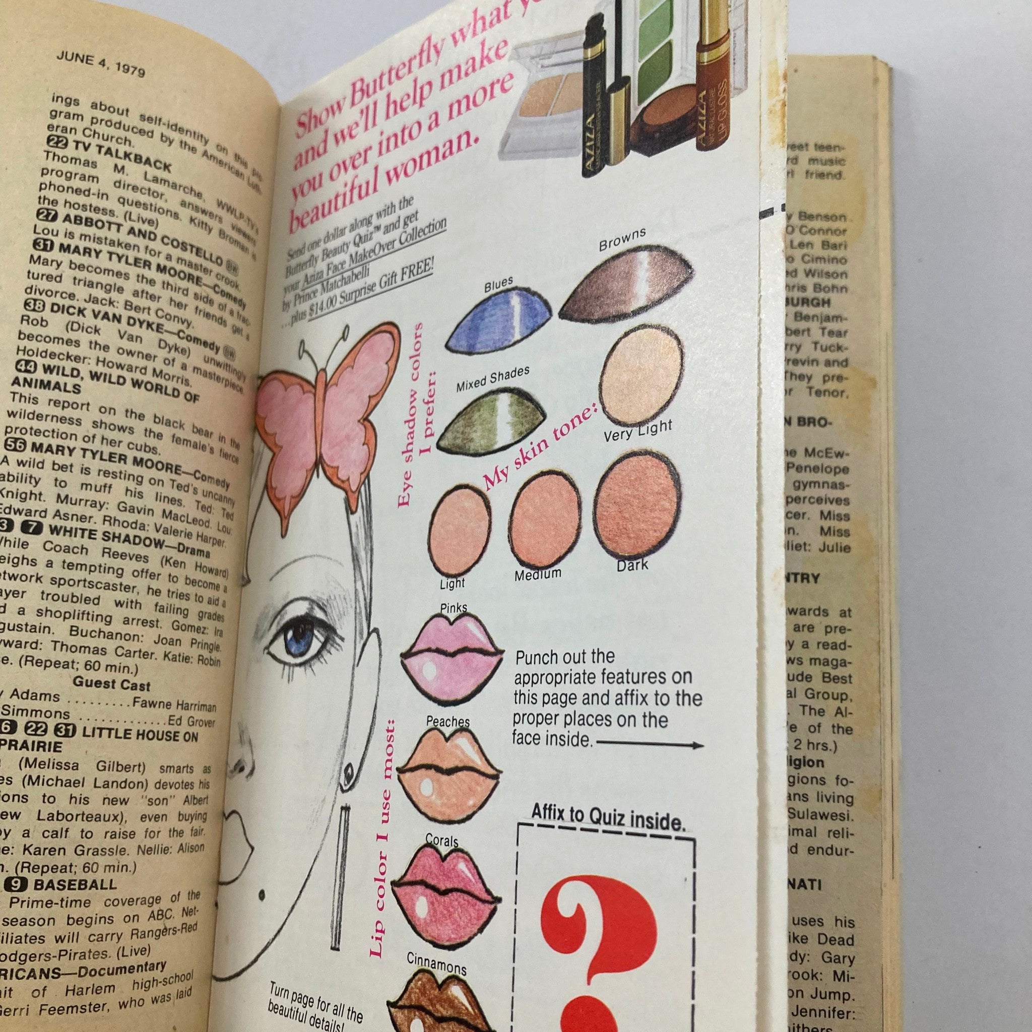 TV Guide Magazine June 2 1979 #1366 displaying a beauty quiz page with eye shadow and lip color suggestions for women, highlighting makeup features and a butterfly design.
