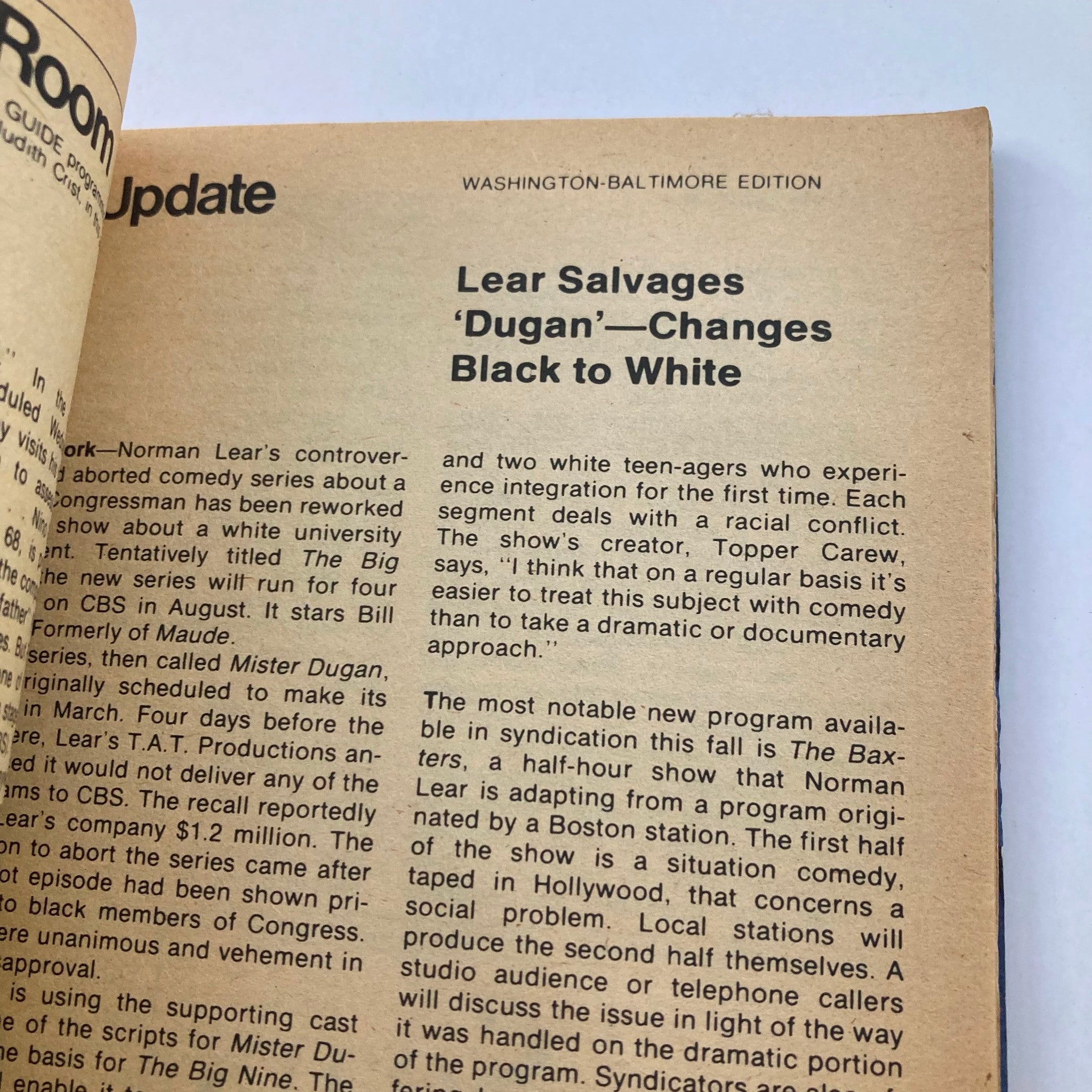 Close-up of an article titled 'Lear Salvages ‘Dugan’—Changes Black to White' from TV Guide Magazine July 21 1979 #1373, detailing changes in a TV show's format and racial themes.