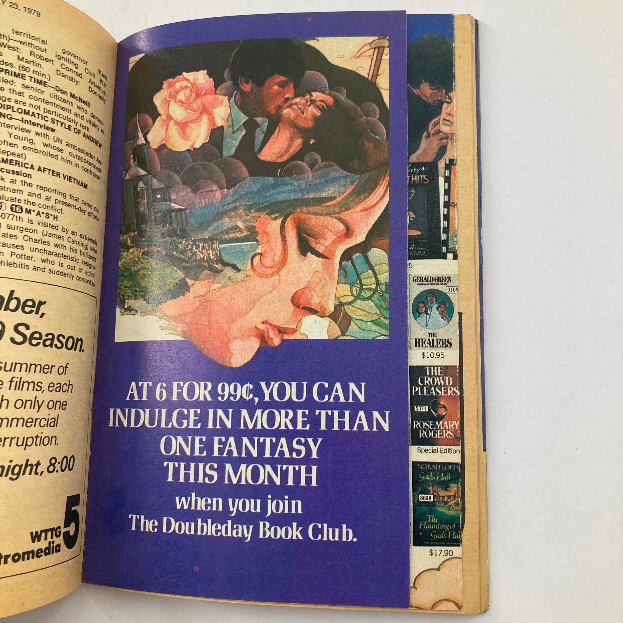 An advertisement featuring colorful artwork for the Doubleday Book Club from the TV Guide Magazine July 21 1979 #1373, promoting book options for readers.