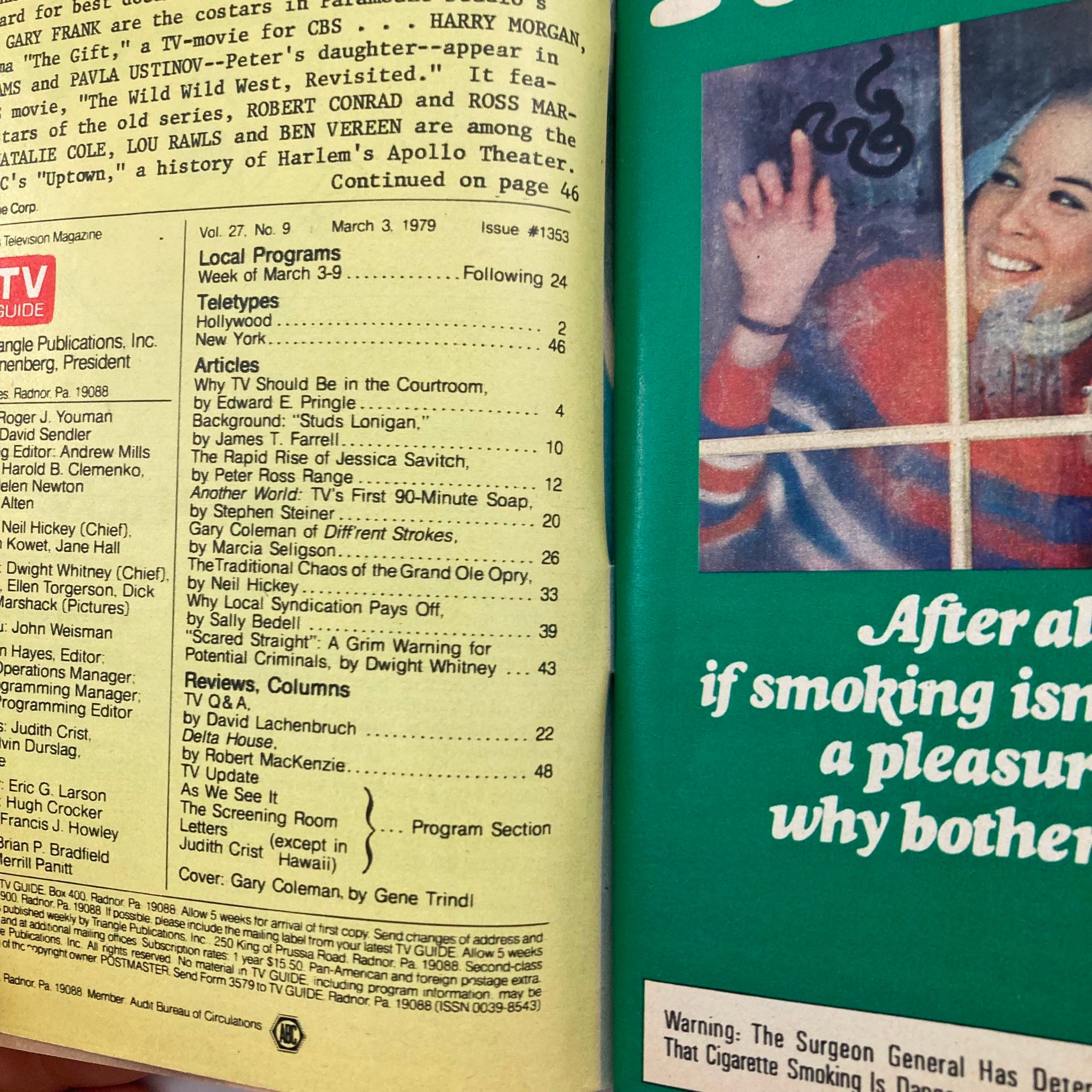 Inside pages of TV Guide Magazine March 3 1979, showcasing local programs and articles, with a prominent feature on Gary Coleman.