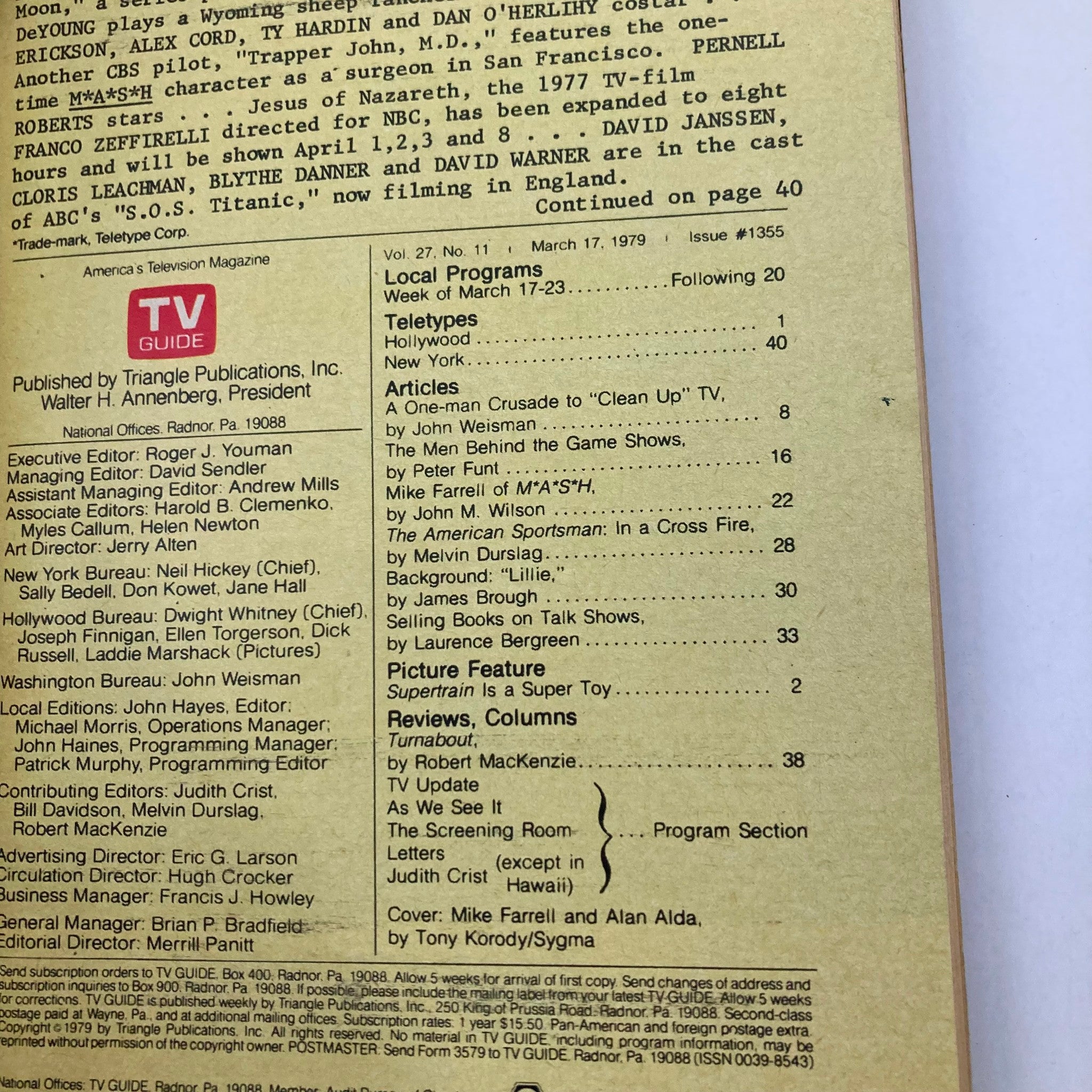 Back cover of TV Guide Magazine March 17 1979, Issue #1355, featuring publication details and local programs listings.