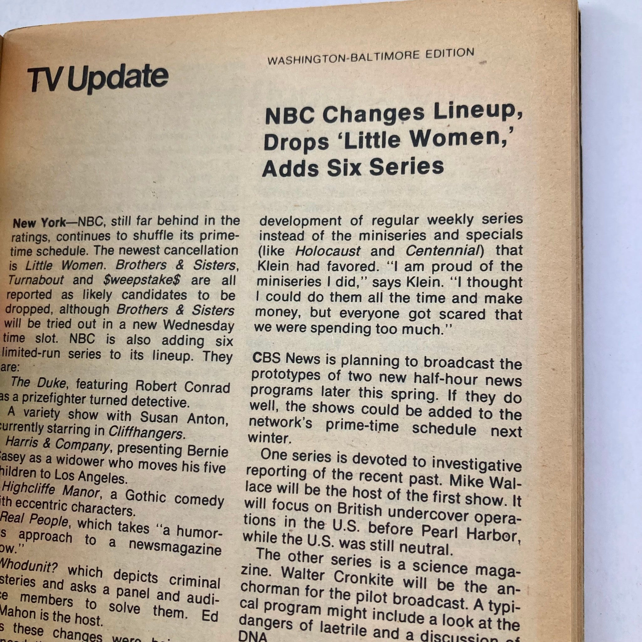 Interior page of TV Guide Magazine March 17 1979, Issue #1355, containing a TV update with information about NBC's programming changes.