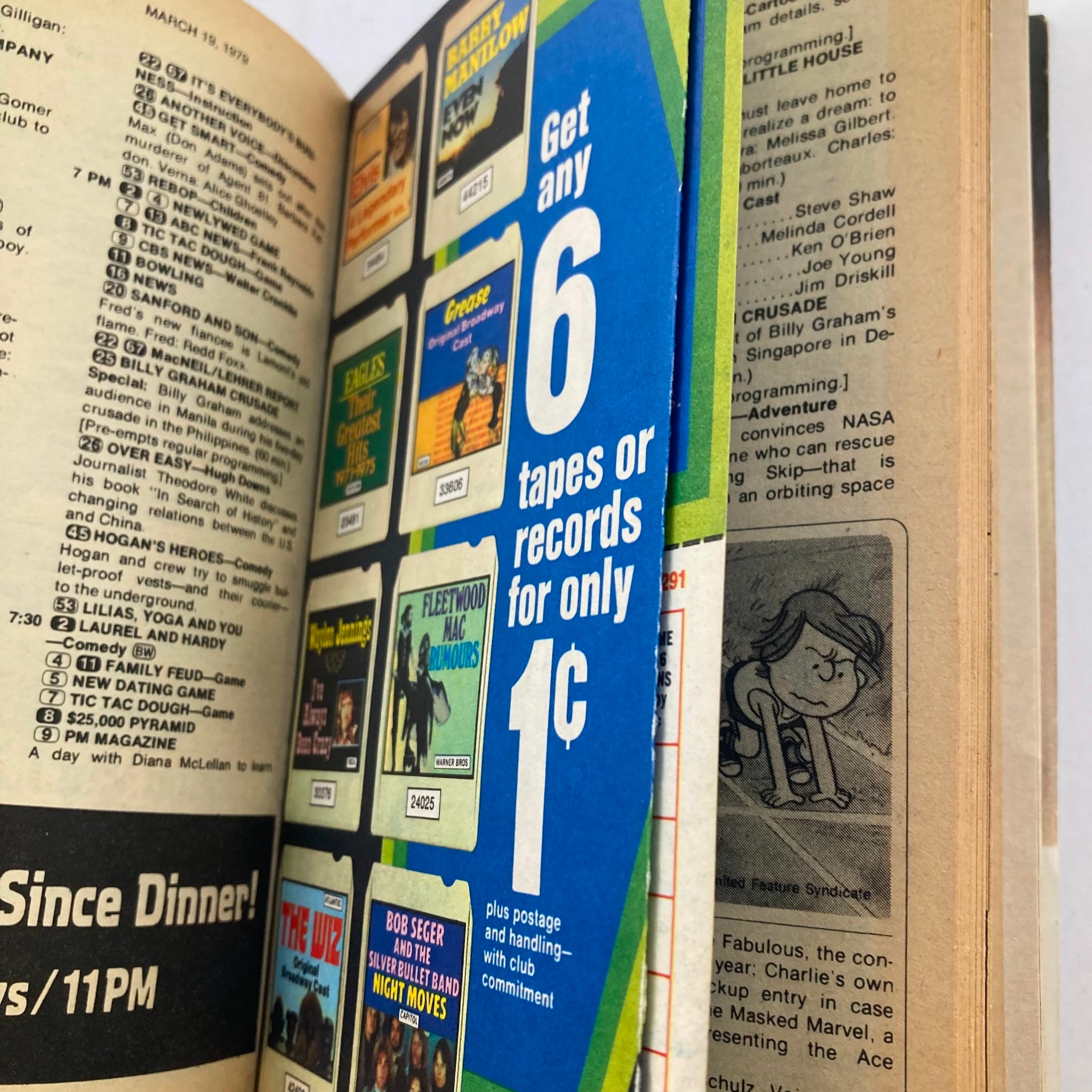 Interior page of TV Guide Magazine March 17 1979, Issue #1355, displaying advertisements for music tapes and records, alongside TV programming schedules.