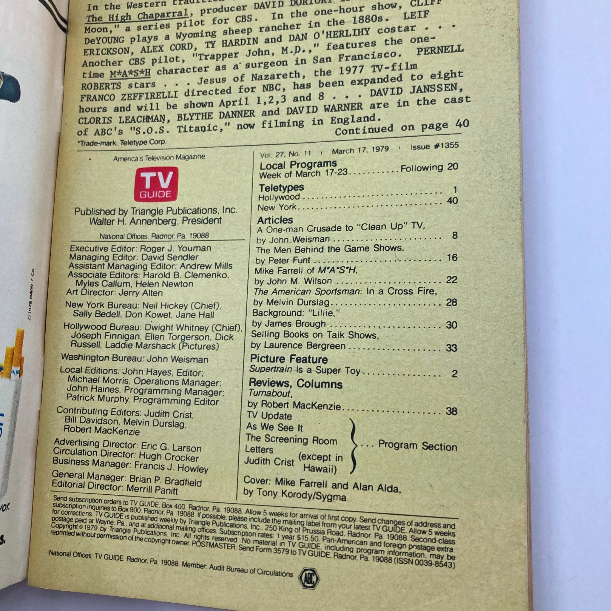 Inside page of TV Guide Magazine March 17 1979 #1355 displaying articles, including features on Mike Farrell of M*A*S*H and TV programming updates.