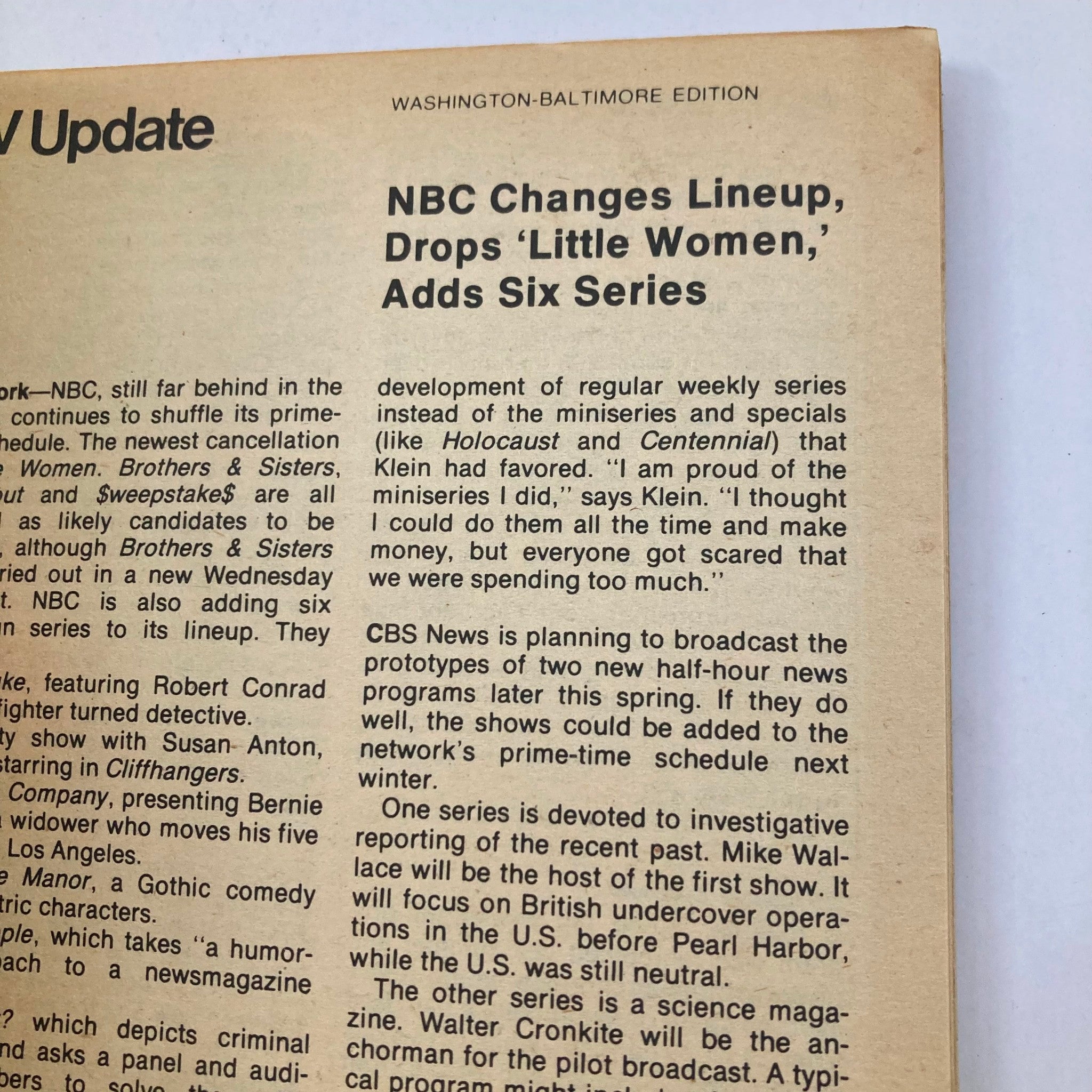Update section from TV Guide Magazine March 17 1979 #1355 discussing NBC's programming changes, including dropping 'Little Women' and adding new series.