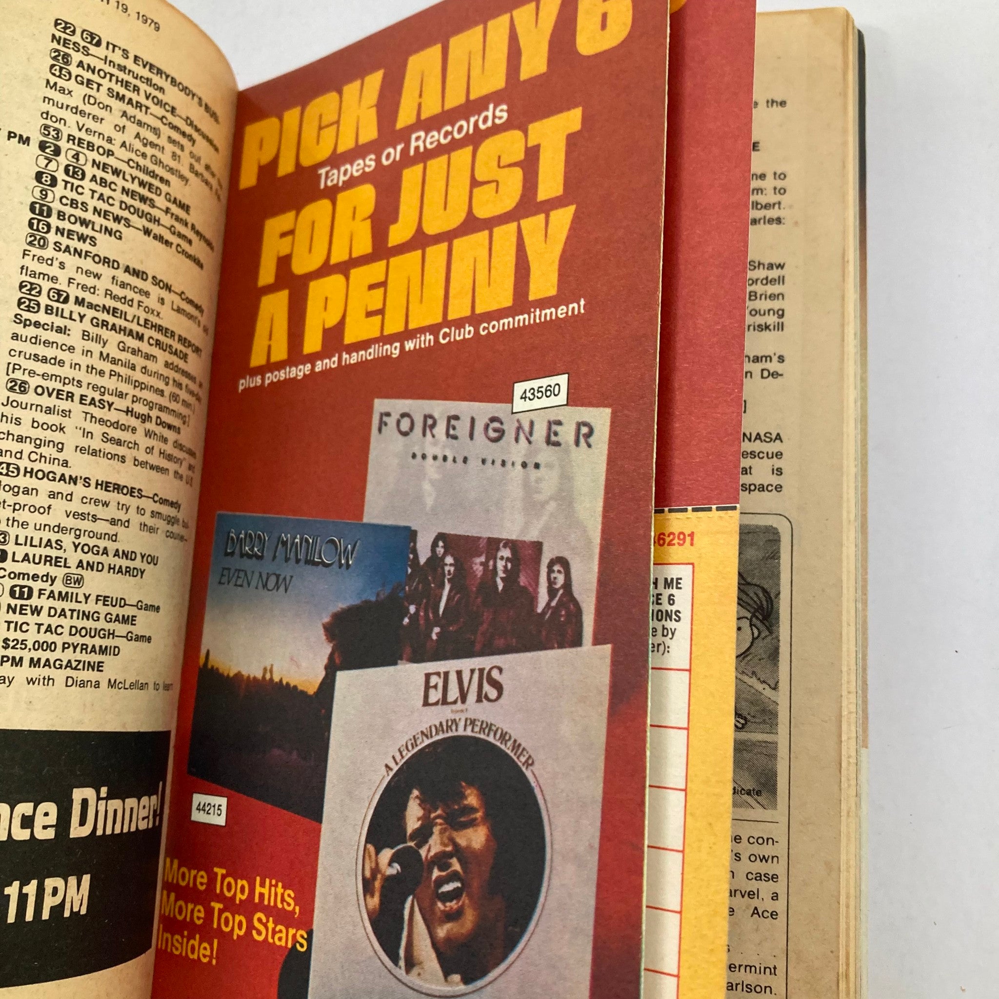 TV Guide Magazine March 17 1979 #1355 featuring an advertisement with the text 'PICK ANY 6 FOR JUST A PENNY' promoting tapes and records from artists like Foreigner, Barry Manilow, and Elvis Presley. The magazine showcases vintage entertainment offers and memorabilia.