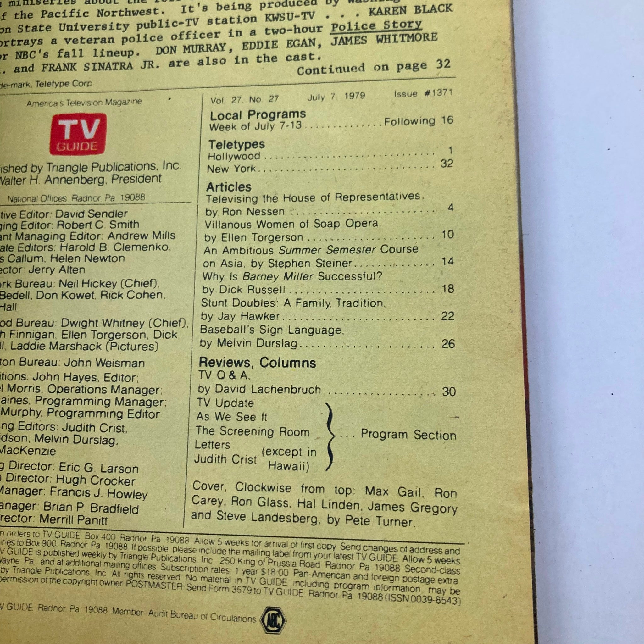Inside page of TV Guide Magazine July 7 1979, issue #1371. It lists articles and features including a discussion on the success of 'Barney Miller' and various television programs of the week.