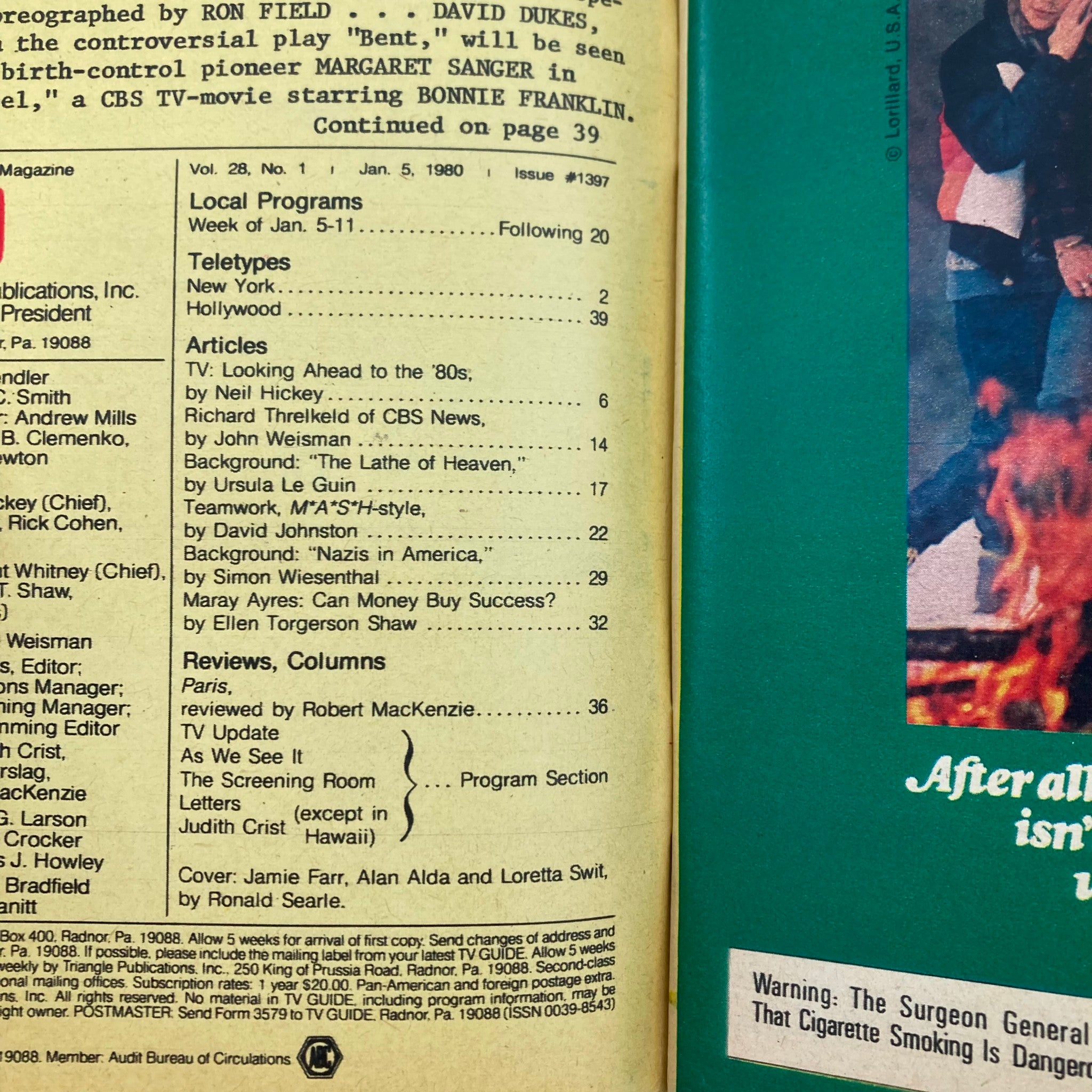 Inside page of TV Guide Magazine from January 5, 1980, containing articles and reviews, with the issue number #1397 prominently displayed.