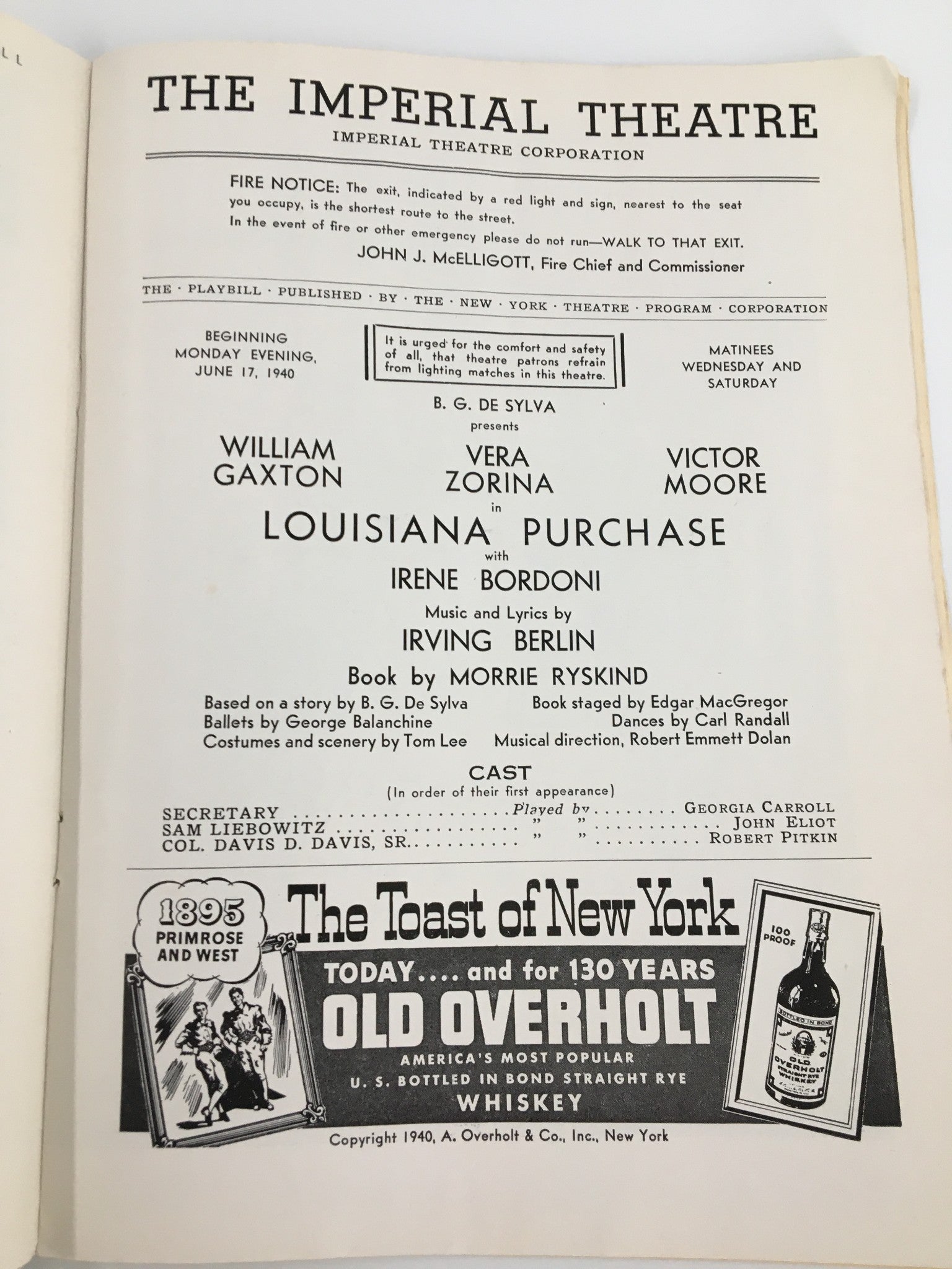 1940 Playbill The Imperial Theatre William Gaxton in Louisiana Purchase