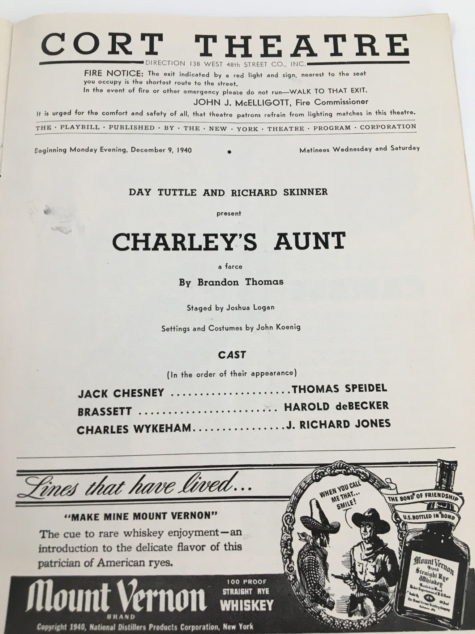 1940 Playbill Cort Theatre Thomas Spiedel, Harold deBecker in Charley's Aunt