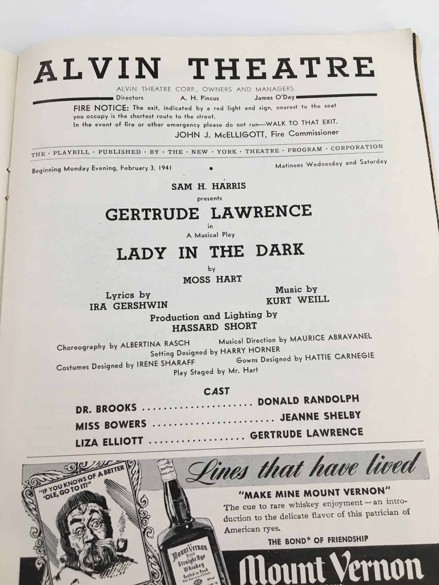 1941 Playbill Alvin Theatre Gertrude Lawrence in Lady in the Dark