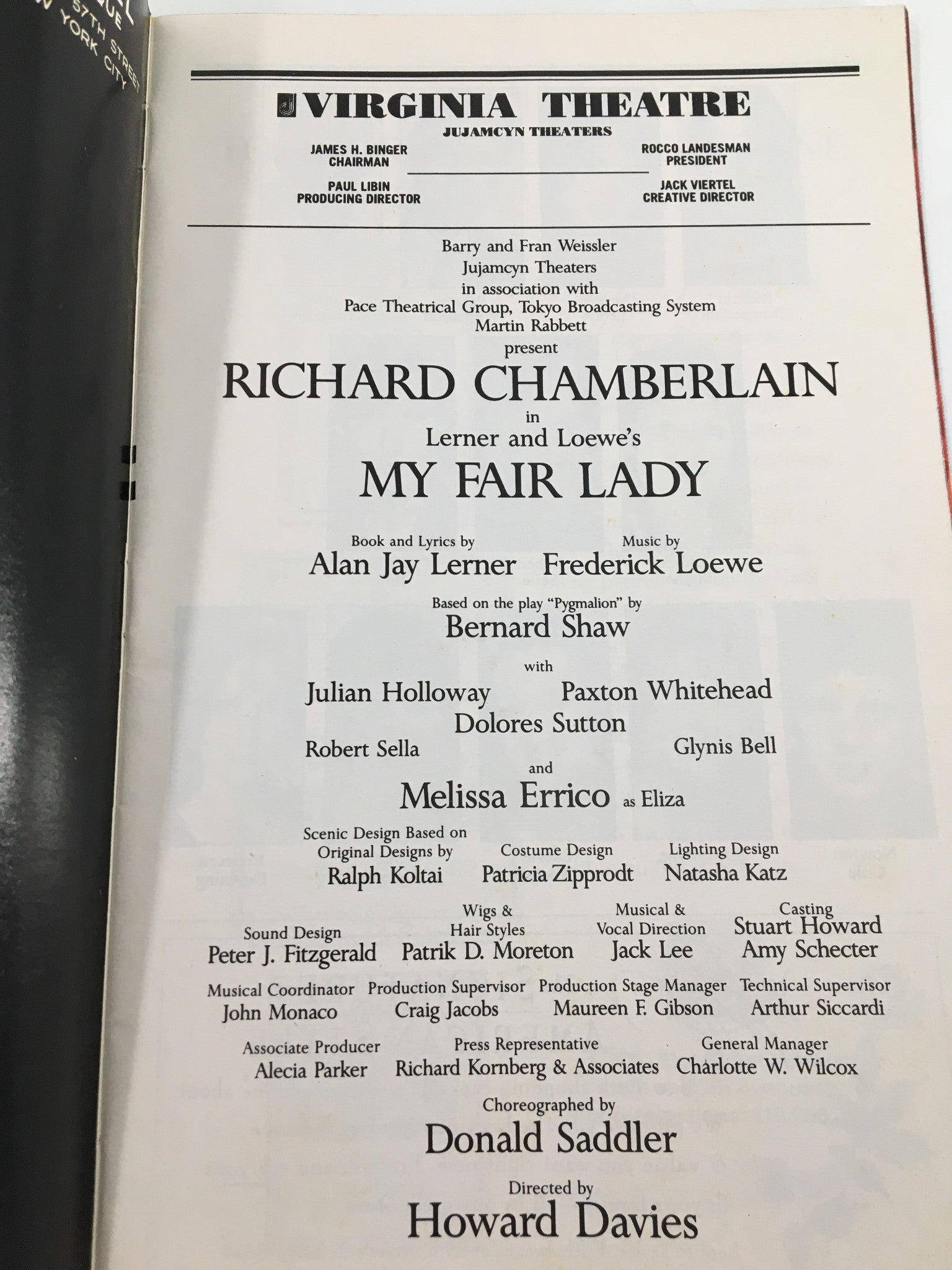 1994 Playbill Virginia Theatre Richard Chamberlain in My Fair Lady