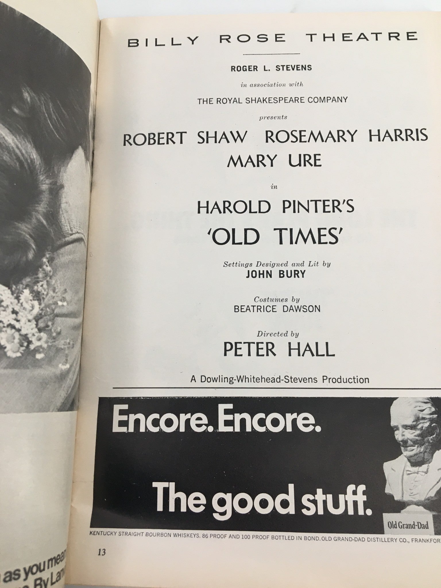 1972 Playbill Billy Rose Theatre Robert Shaw in Harold Pinter's 'Old Times'