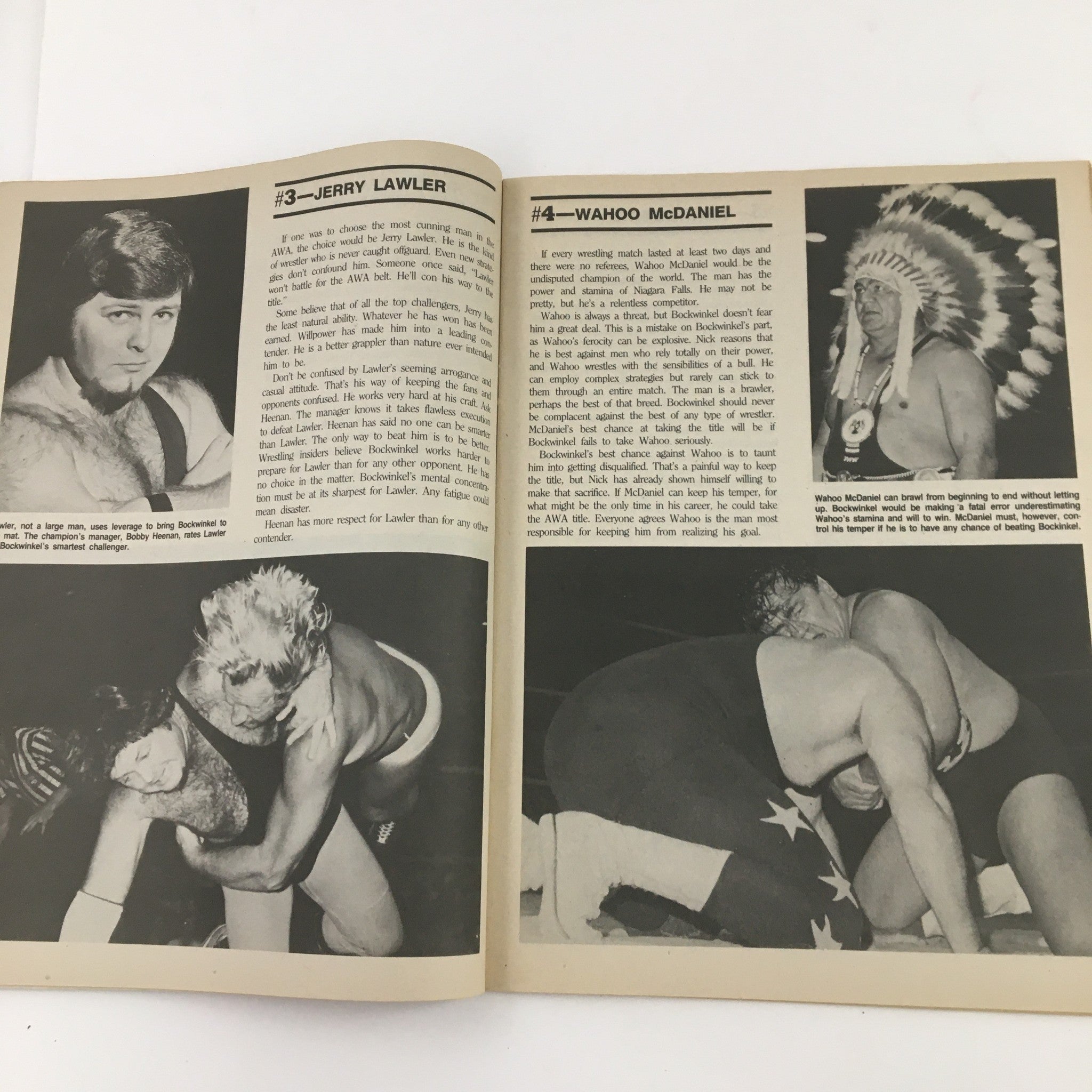 Interior page of Sports Review Wrestling Magazine Summer 1983 highlighting wrestlers Jerry Lawler and Wahoo McDaniel with detailed descriptions of their wrestling careers.