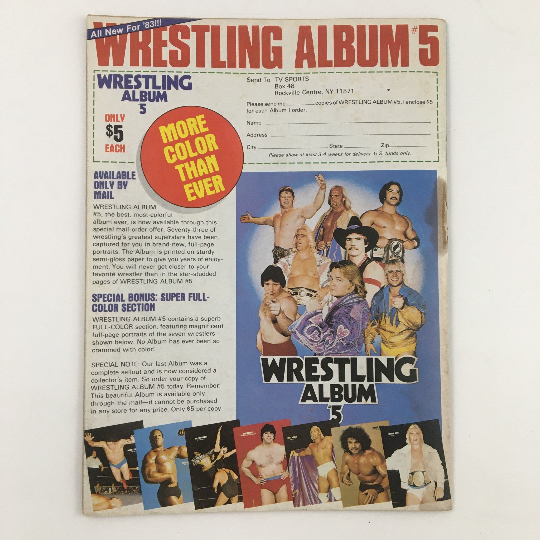 Sports Review Wrestling Magazine Summer 1983 cover of Wrestling Album #5 showcasing various wrestlers with promotional information about the colorful edition available by mail.
