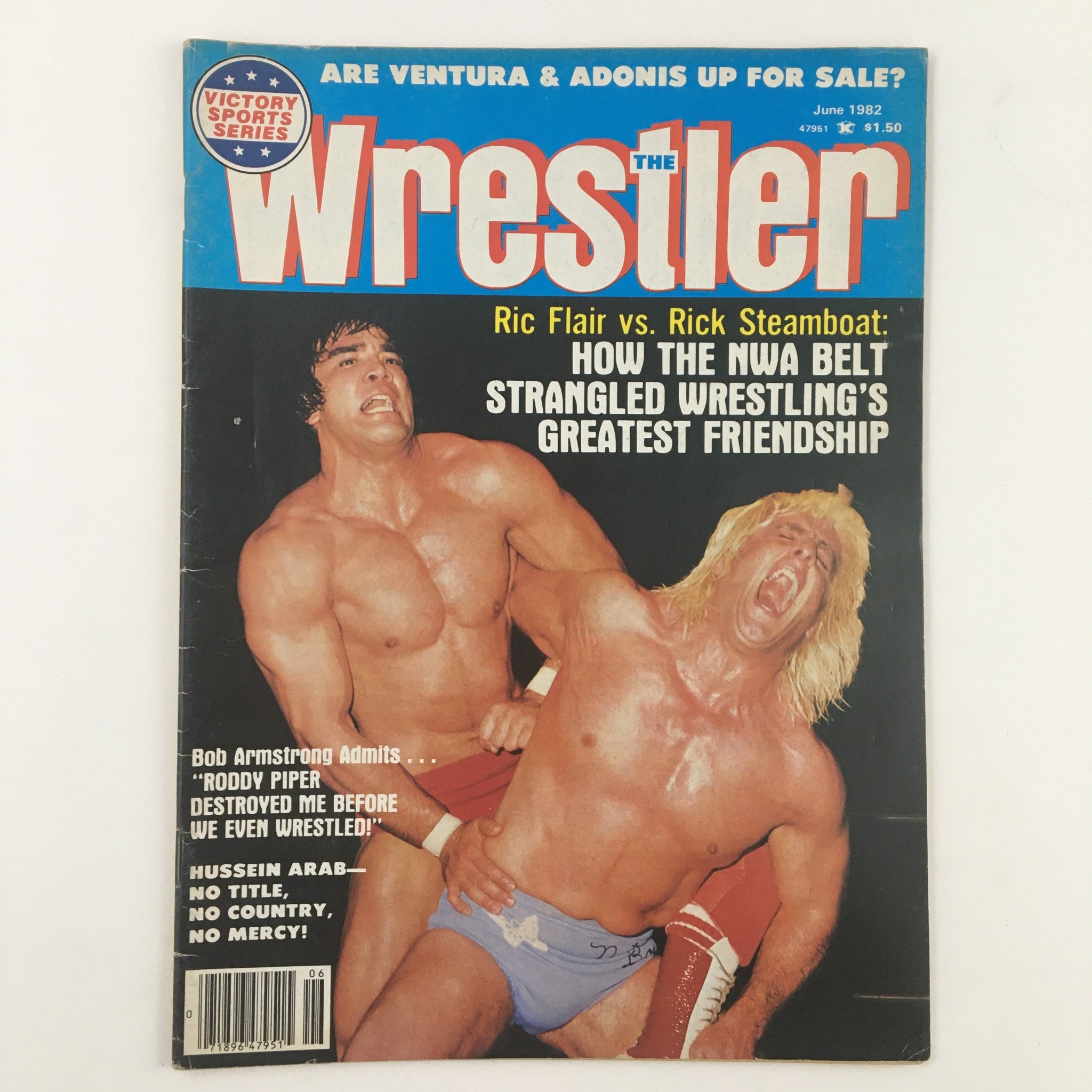 Cover of The Wrestler Magazine June 1982 featuring Ric Flair vs Ricky Steamboat, highlighting their rivalry and the NWA Belt.