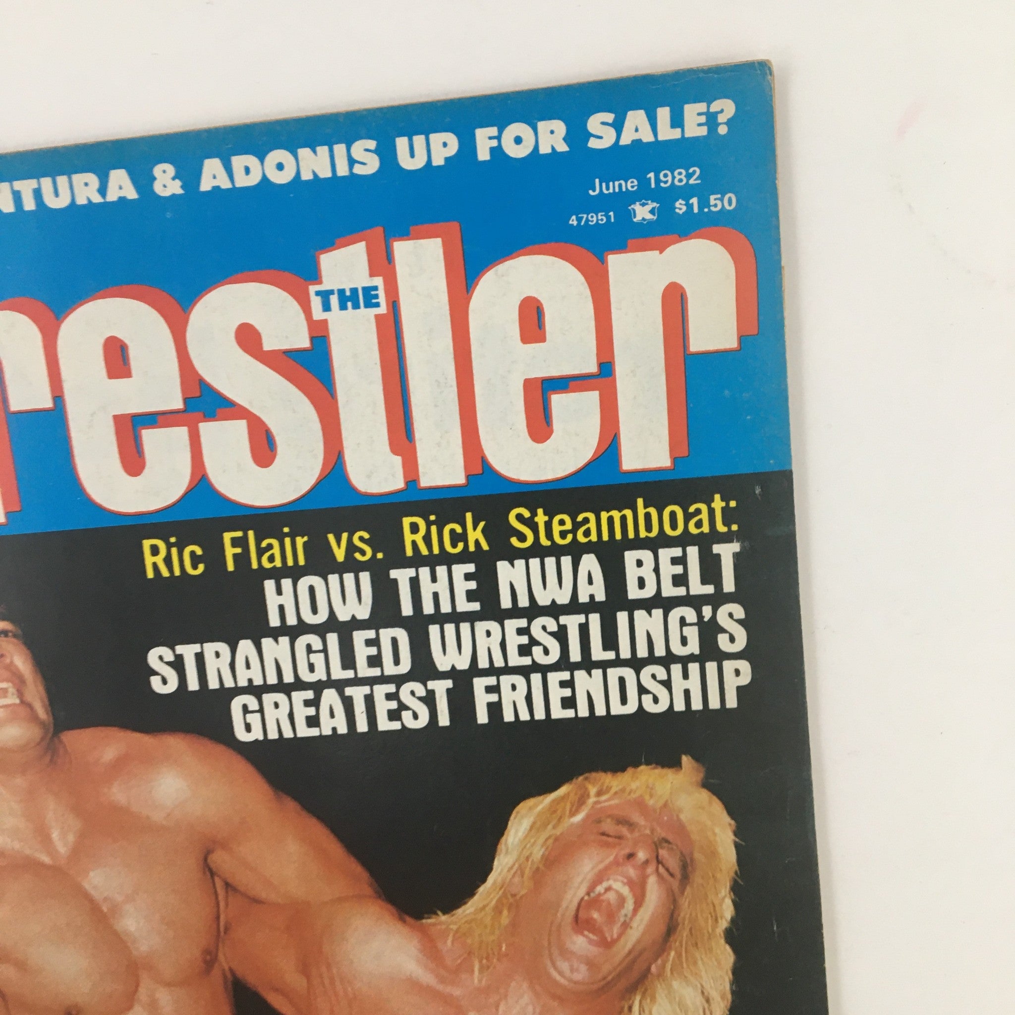 Close-up of The Wrestler Magazine June 1982 cover showcasing Ric Flair vs Ricky Steamboat and the NWA Belt rivalry.