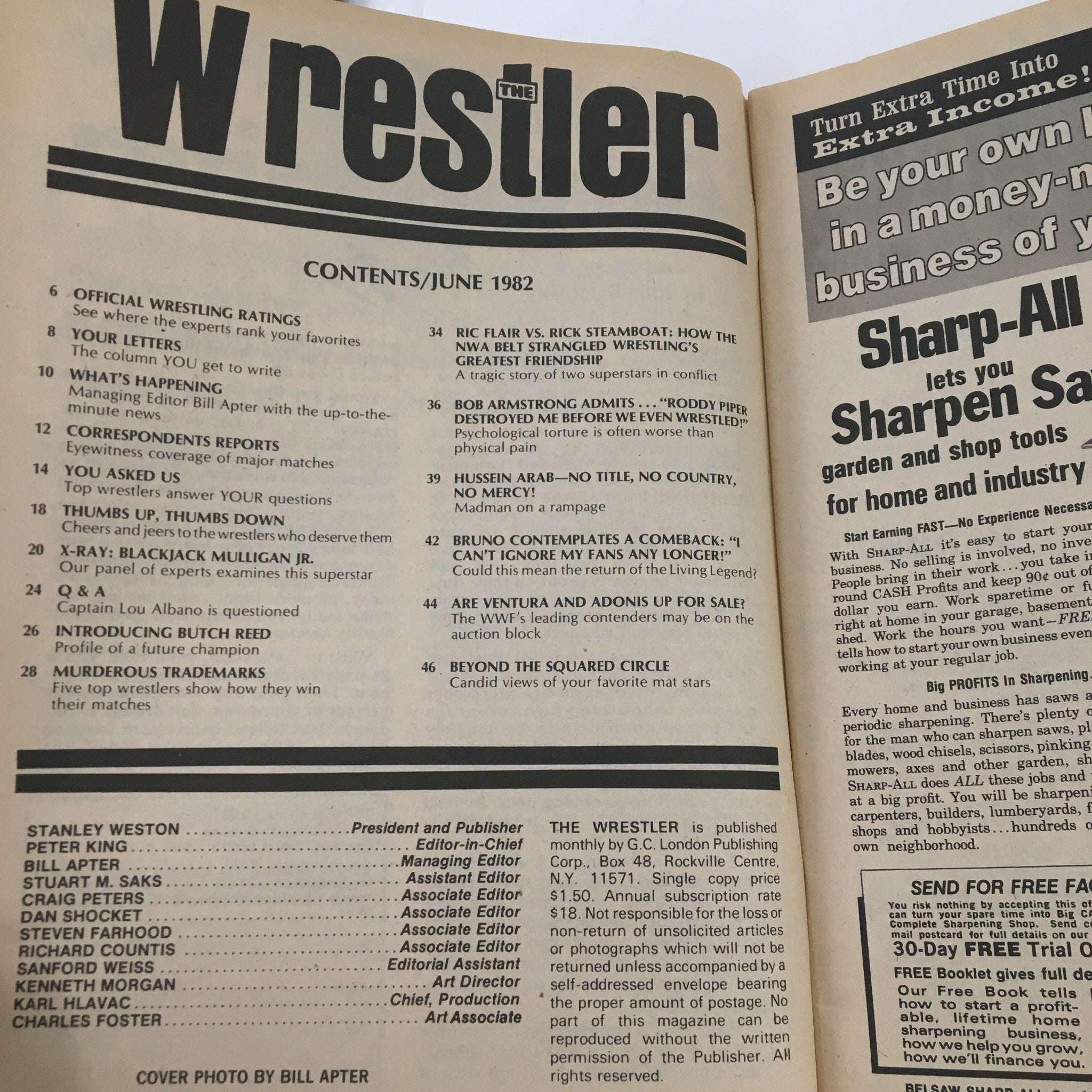 Inside page of The Wrestler Magazine June 1982 displaying the table of contents and articles related to Ric Flair and Ricky Steamboat.