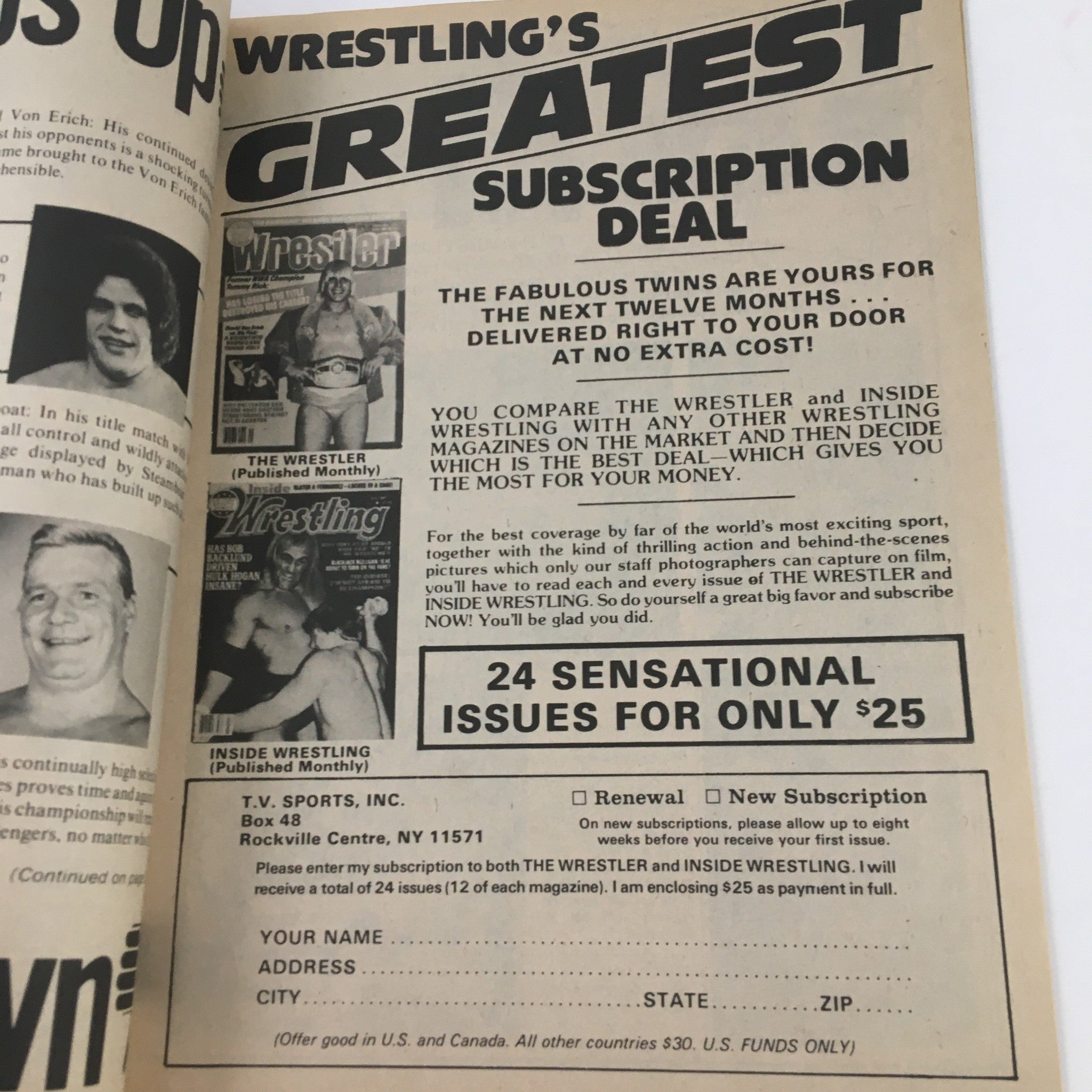 Subscription advertisement page from The Wrestler Magazine June 1982 promoting a deal for wrestling enthusiasts.
