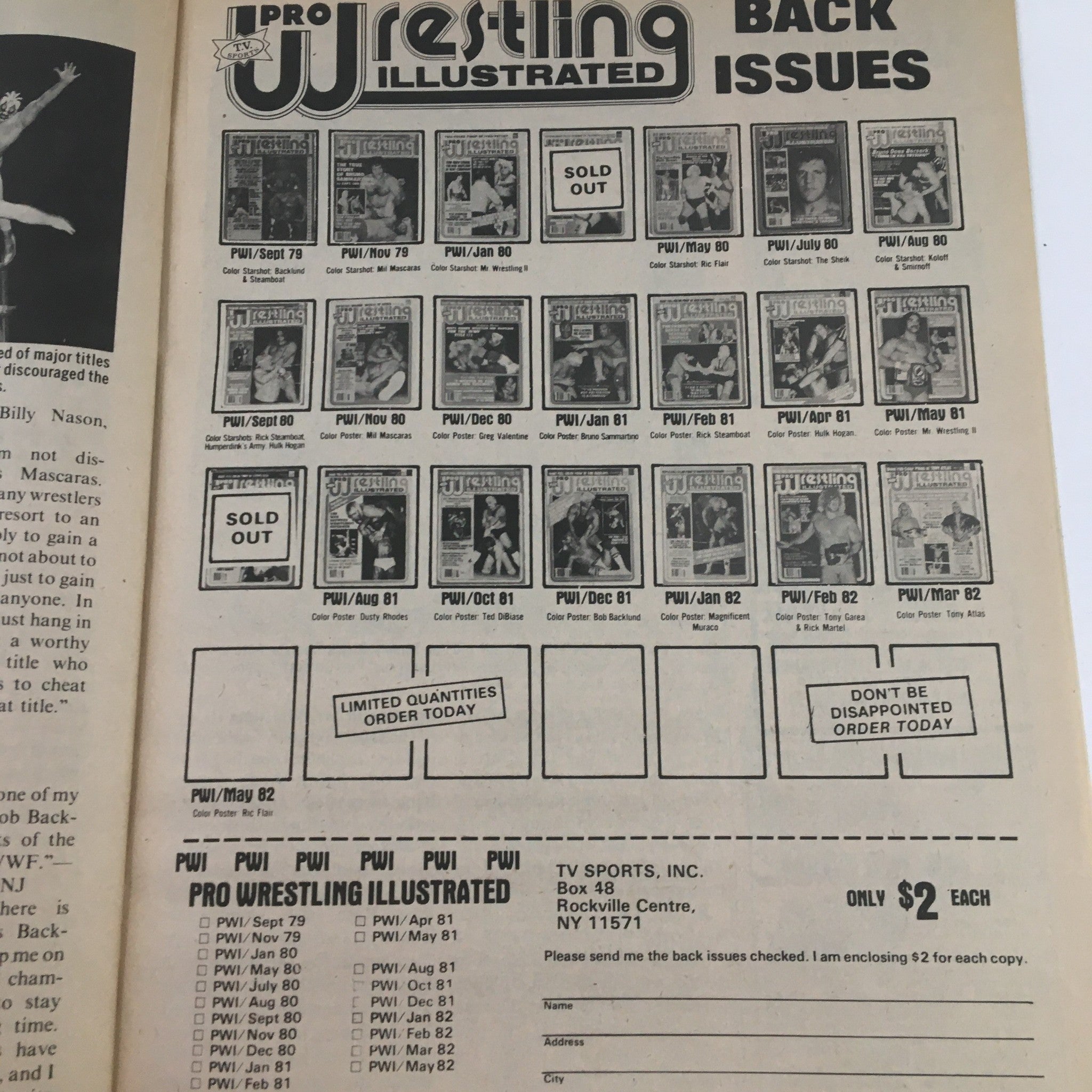 A page from The Wrestler Magazine June 1982 showcasing back issues of Pro Wrestling Illustrated, featuring sold out issues and details for ordering vintage wrestling magazines.