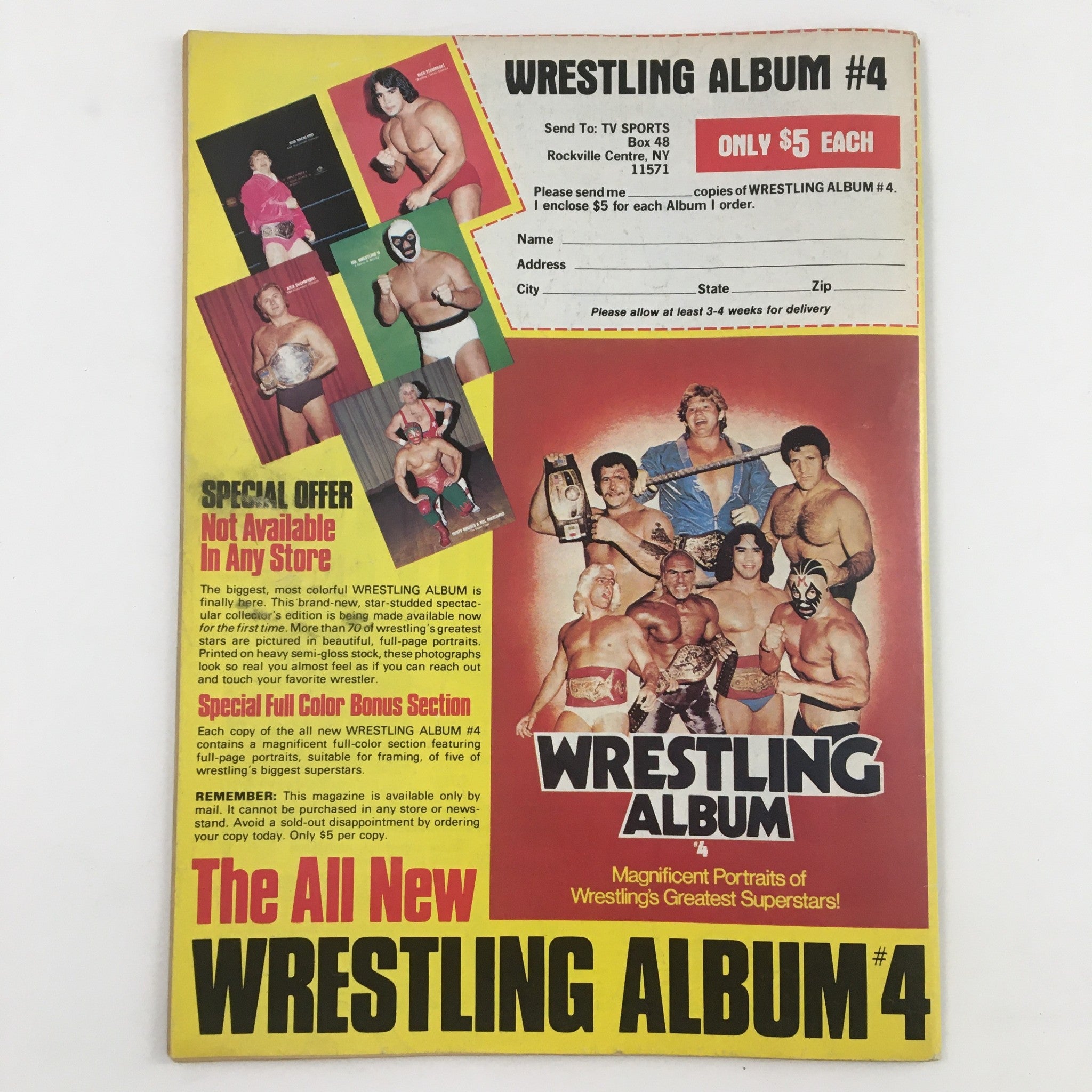 The front cover of Wrestling Album #4, highlighting wrestling stars and a special offer for collectors, featuring a vibrant design and promotional text.