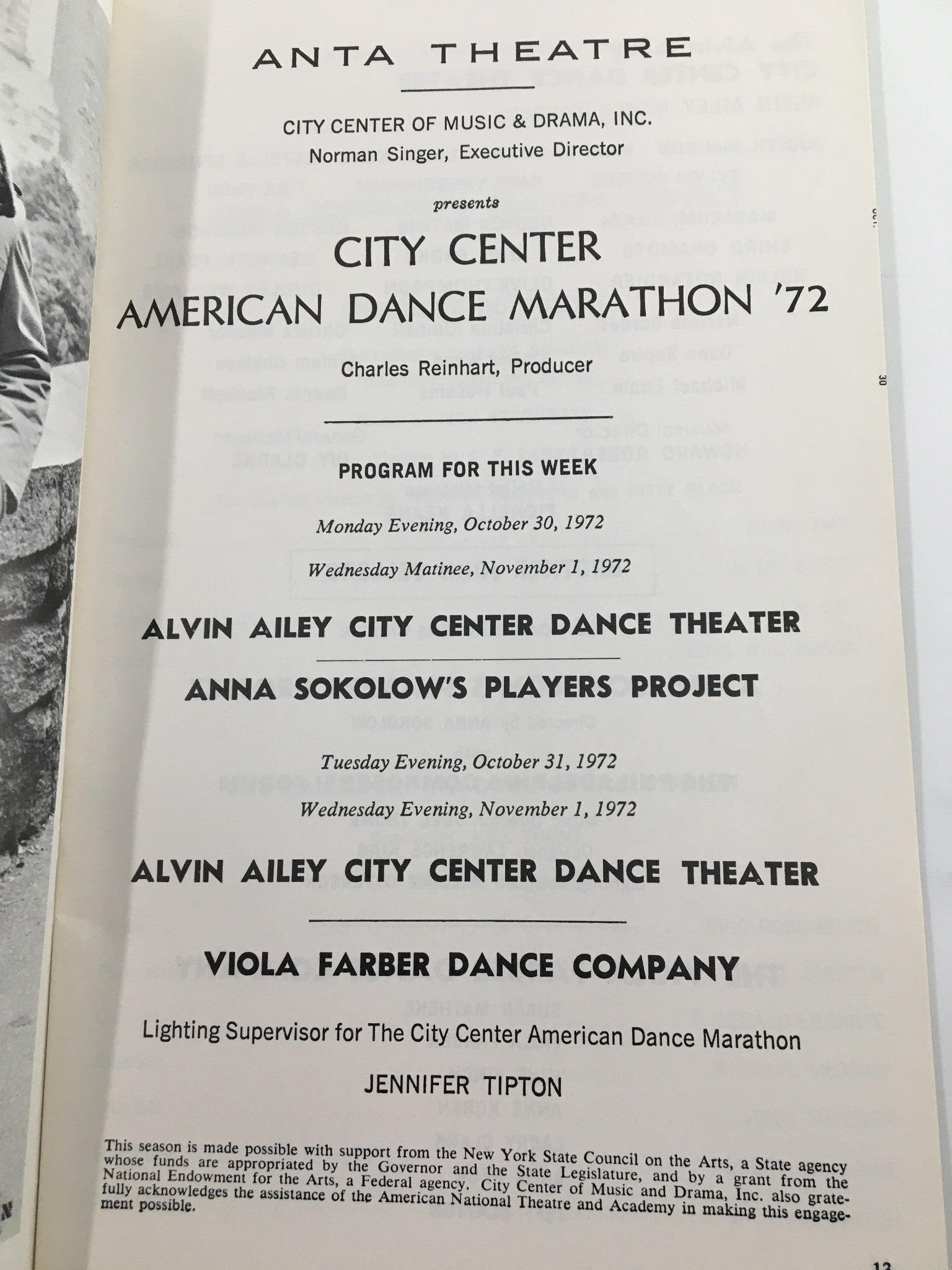 1972 Playbill Anta Theatre City Center American Dance Marathon '72