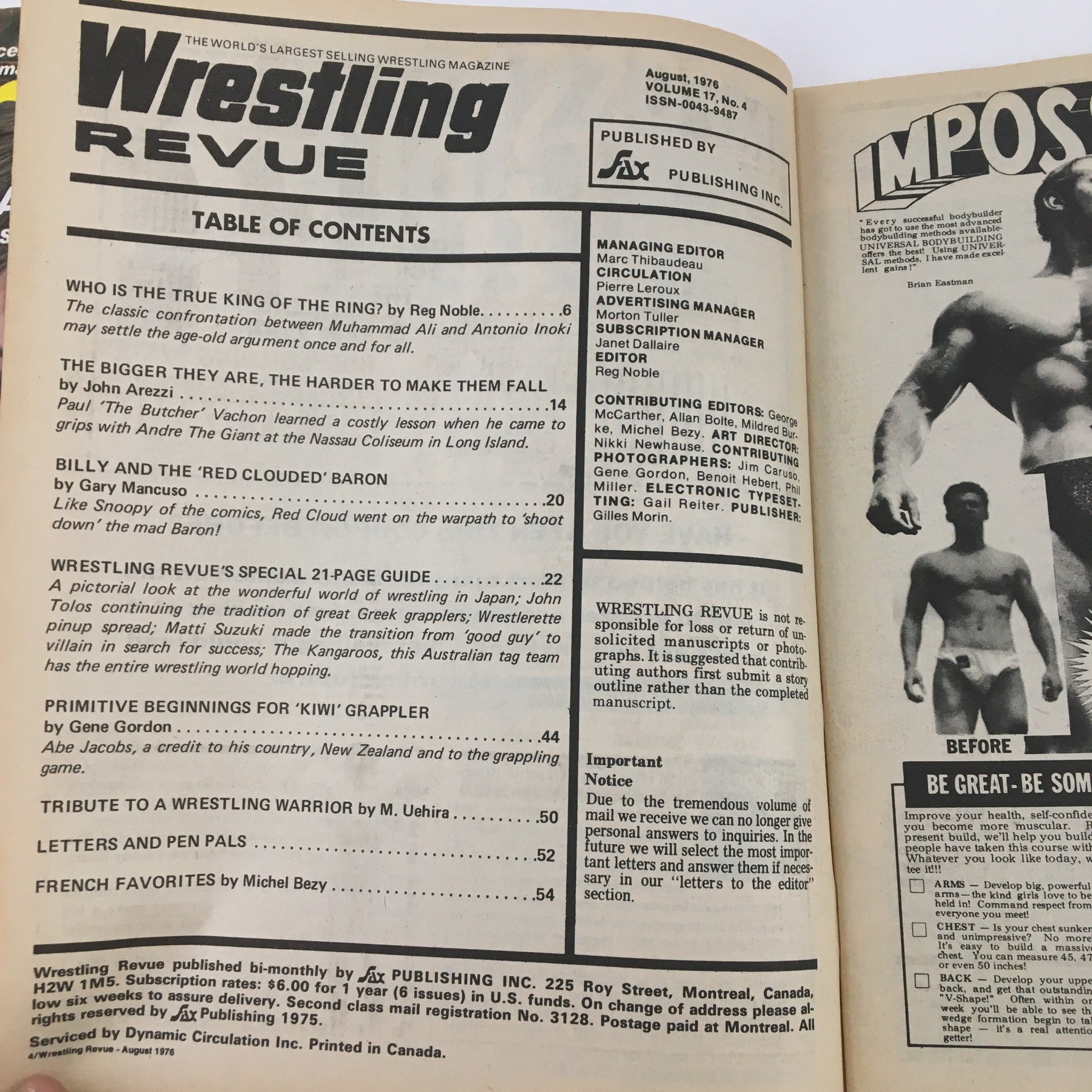 Wrestling Revue Magazine August 1976 Muhammad Ali vs. Antonio Inoki No Label