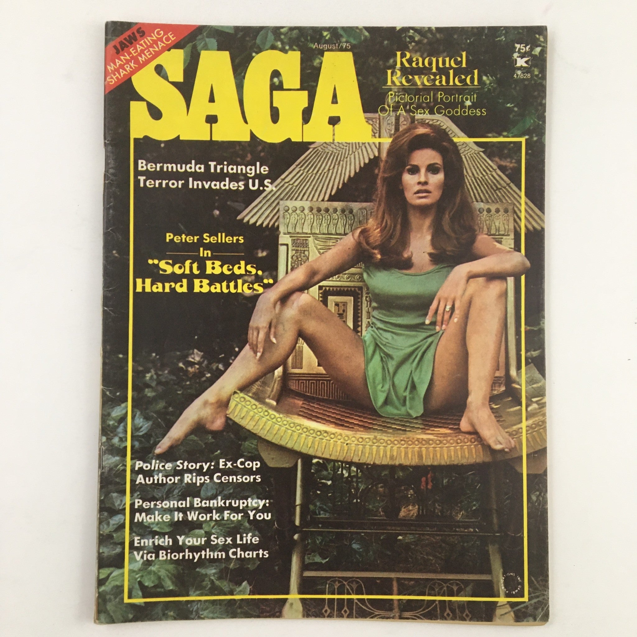 Saga Magazine August 1975 cover featuring actress Raquel Welch, portrayed as a goddess. The vintage magazine showcases Raquel Welch in a striking pose, emphasizing her beauty and cultural significance of the 1970s.
