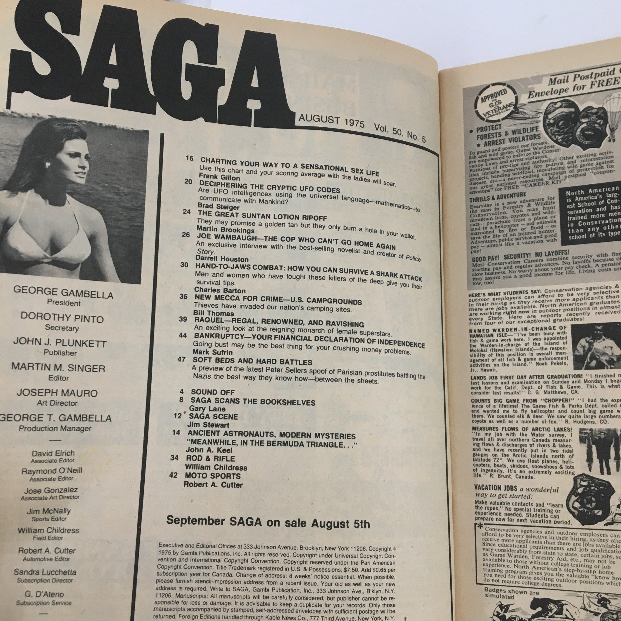 Inside page of Saga Magazine August 1975 displaying various articles and features. Includes details on topics like personal finance and pop culture, highlighting the interests of the era.