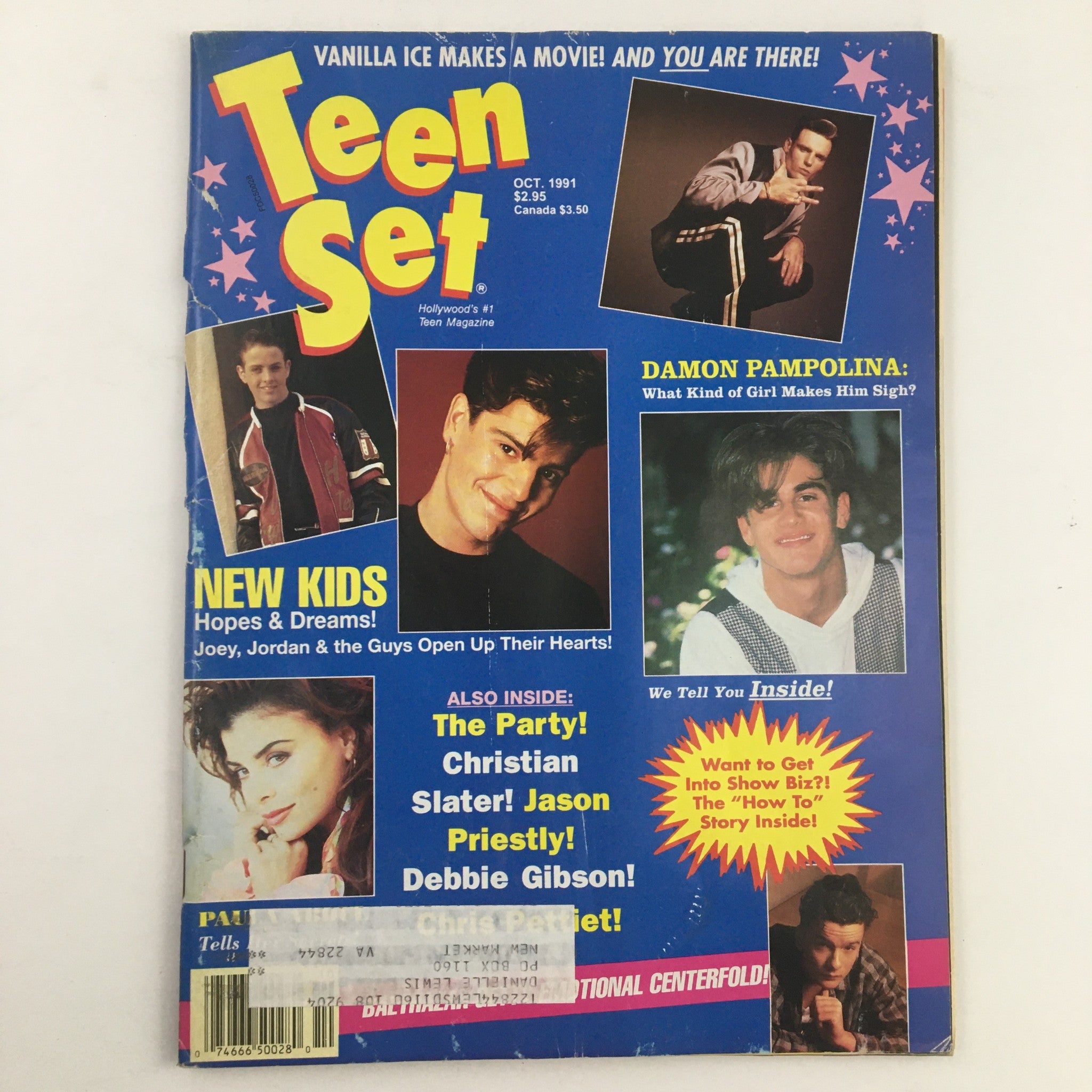 Teen Set Magazine cover from October 1991 featuring celebrities Damon Pampolina, Christian Slater, and Paula Abdul. The cover includes headlines about New Kids on the Block, celebrity interviews, and event coverage, highlighting the vibrant pop culture of the early '90s.