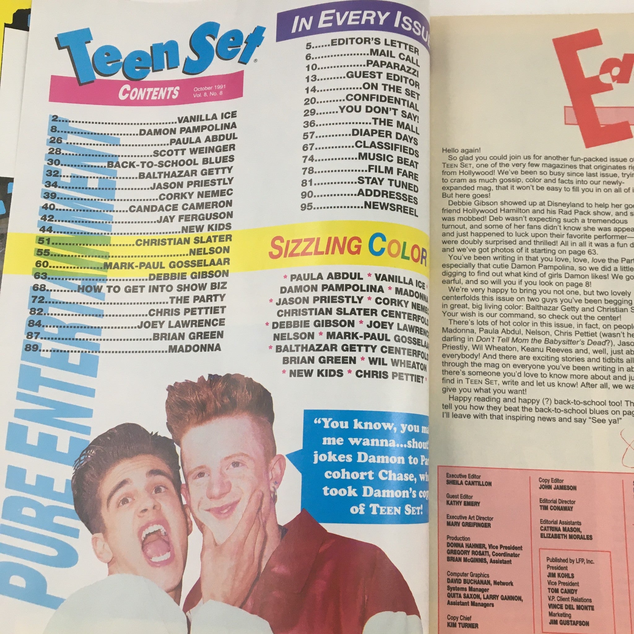 Table of contents from Teen Set Magazine October 1991 featuring Damon Pampolina, Christian Slater, and Paula Abdul, showcasing highlights like music and interviews.
