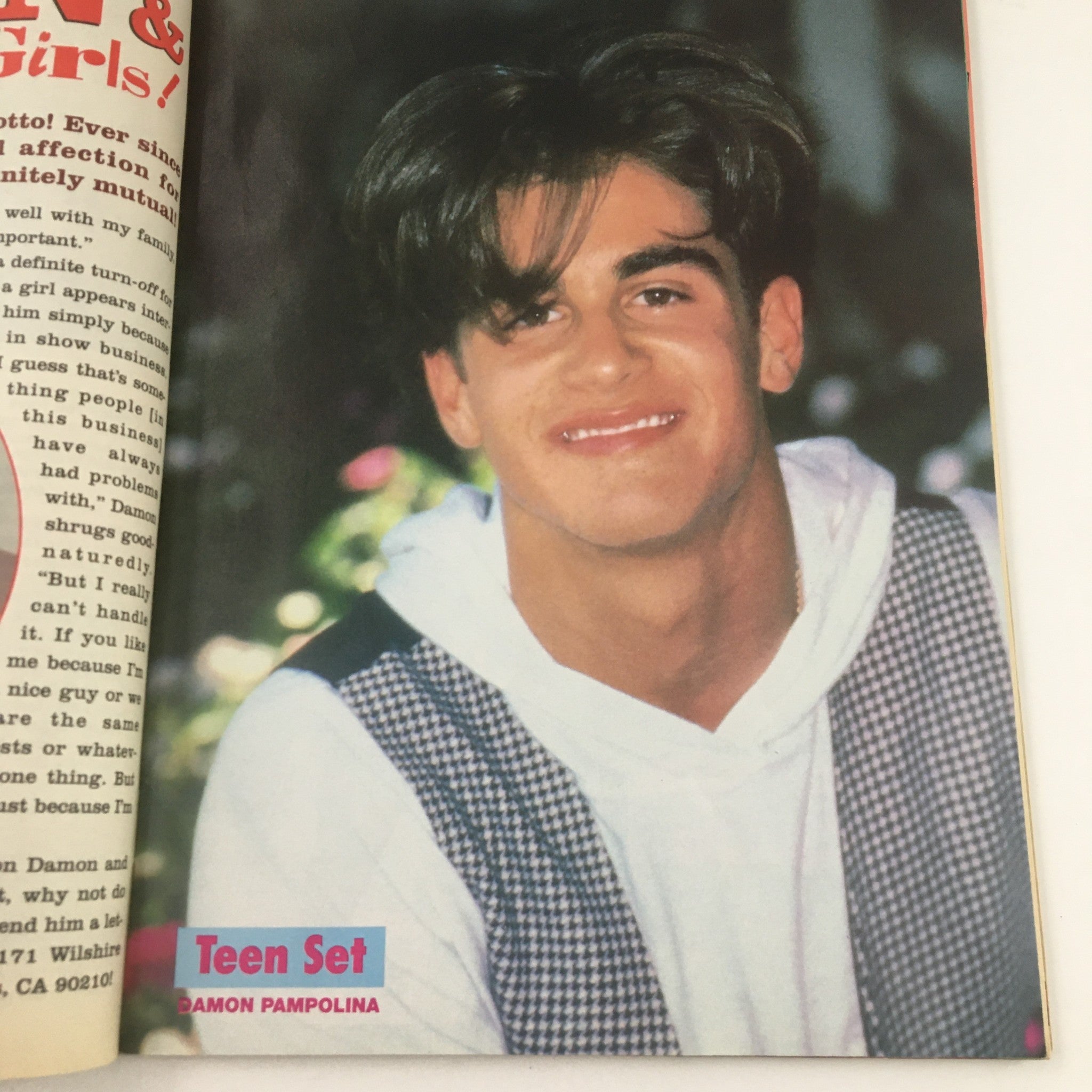Damon Pampolina featured in Teen Set Magazine October 1991, discussing his experiences and appeal to fans, illustrated with a vibrant portrait.